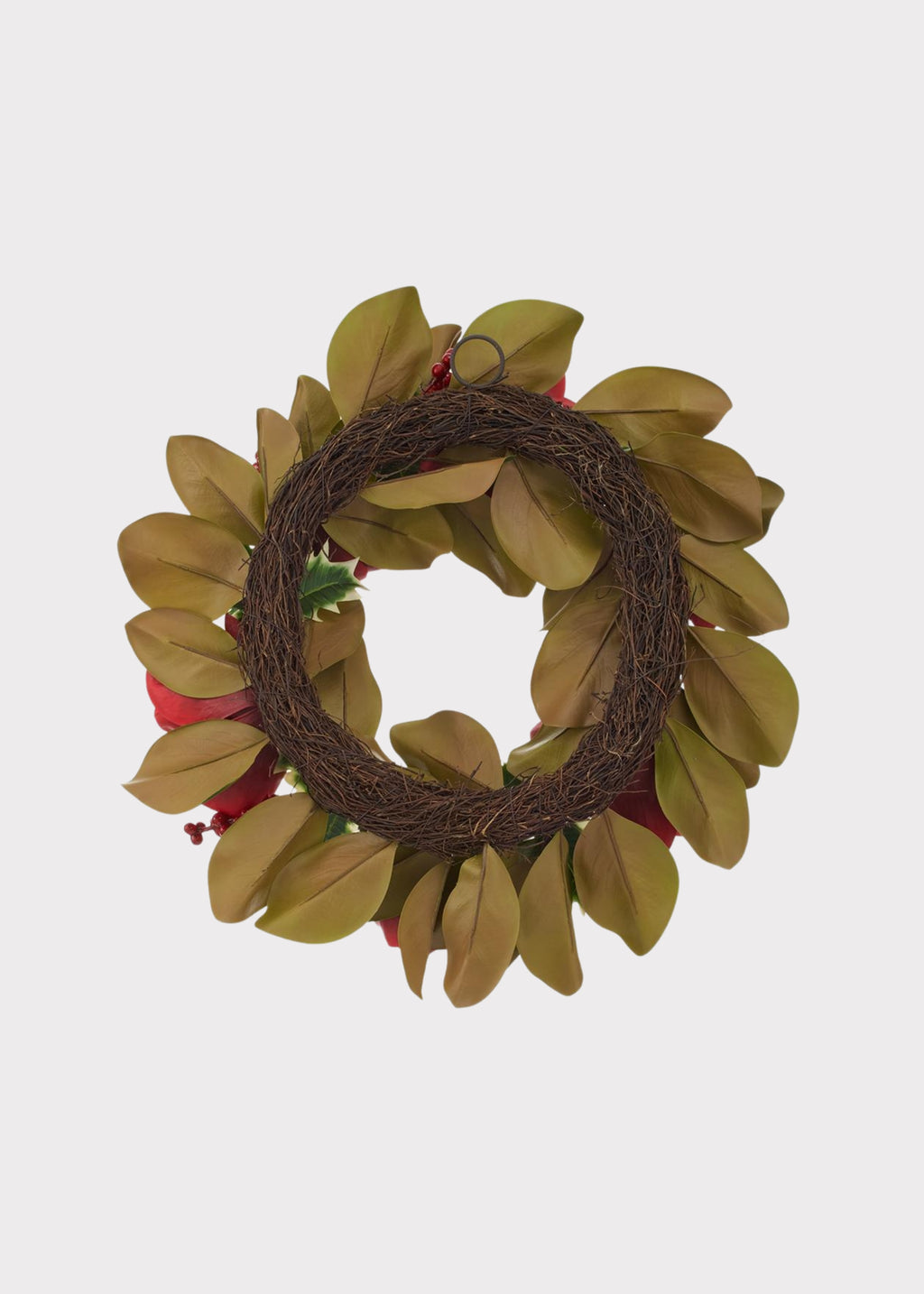 Back of the Holiday Red Artificial Magnolia Flower and Holly Wreath