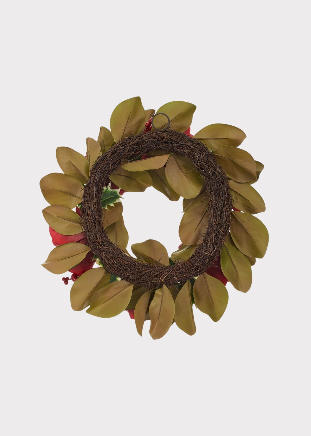 Back of the Holiday Red Artificial Magnolia Flower and Holly Wreath