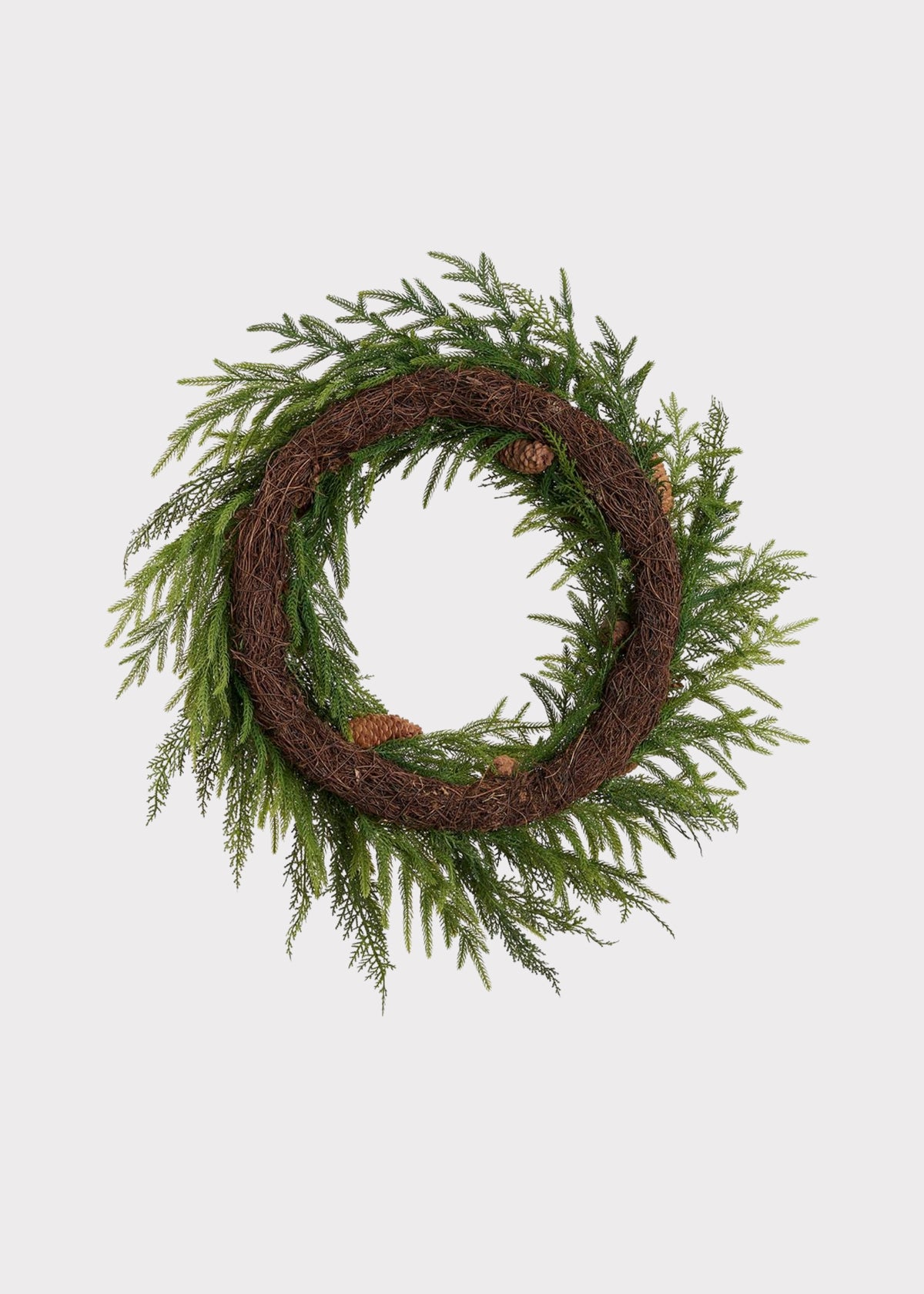 The back of an Artificial Pine and Cone Christmas Foliage Wreath 