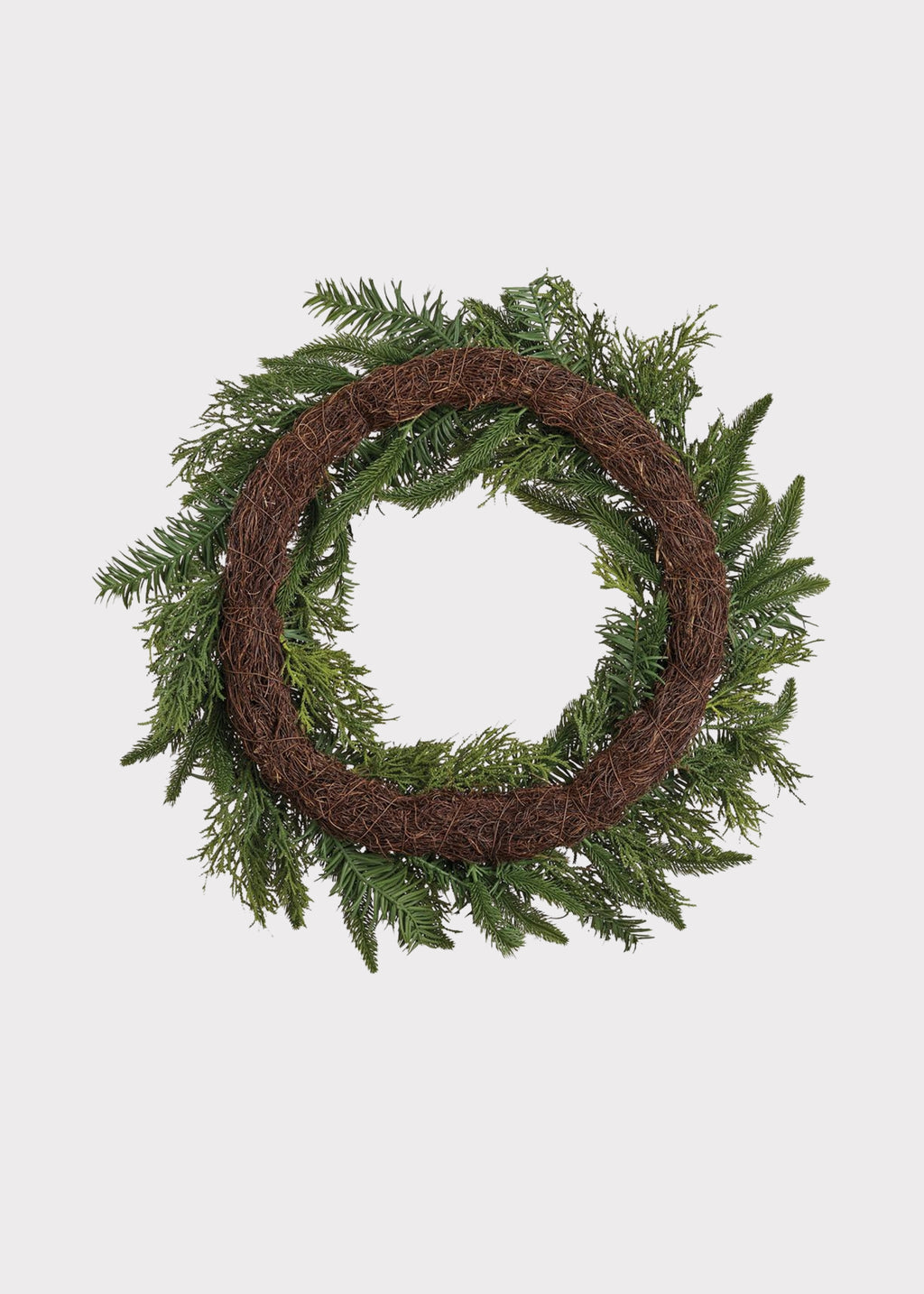 Back of an Artificial Pine and Juniper Holiday Greens Wreath
