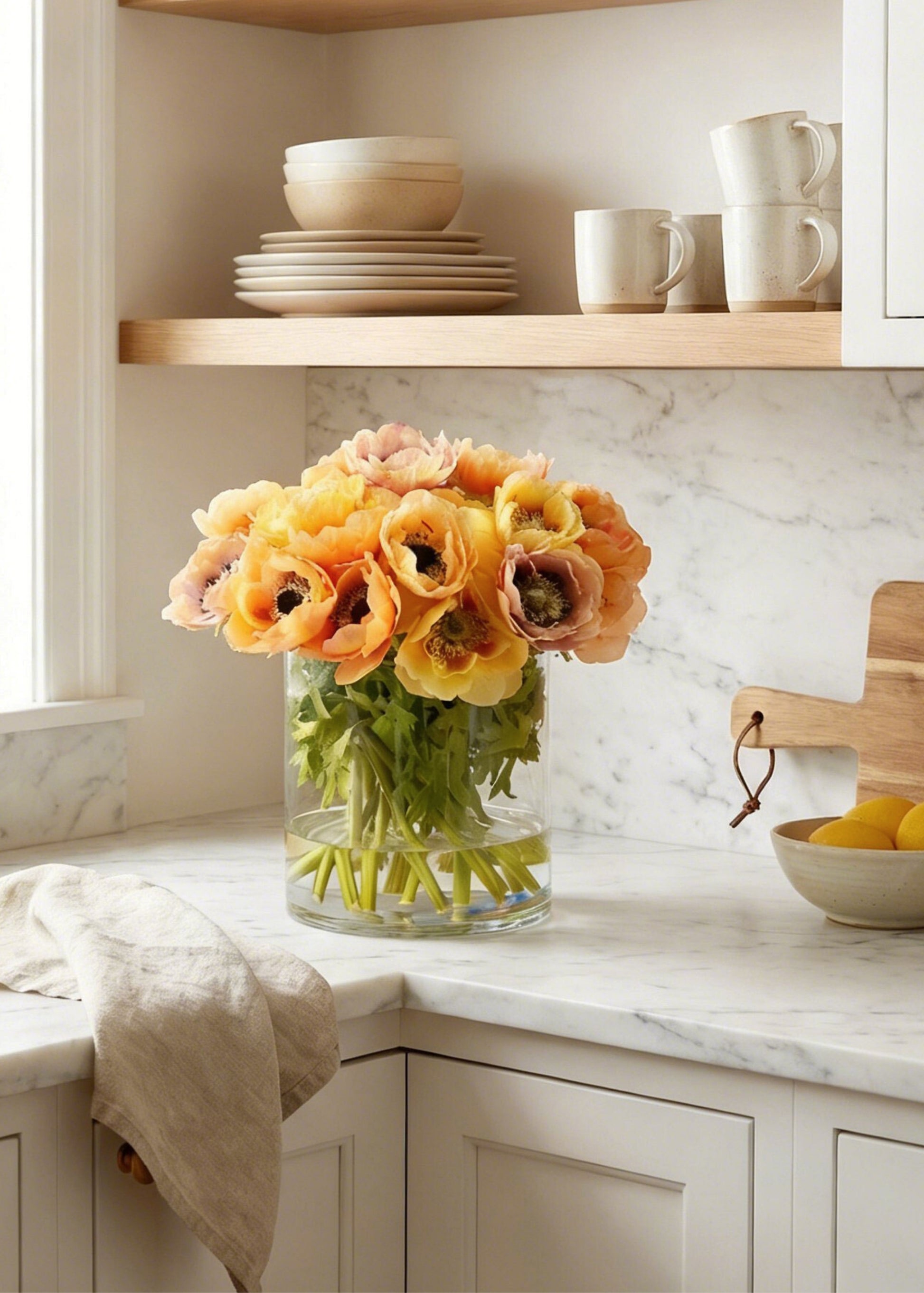 natural touch anemone premade arrangement on a kitchen countertop