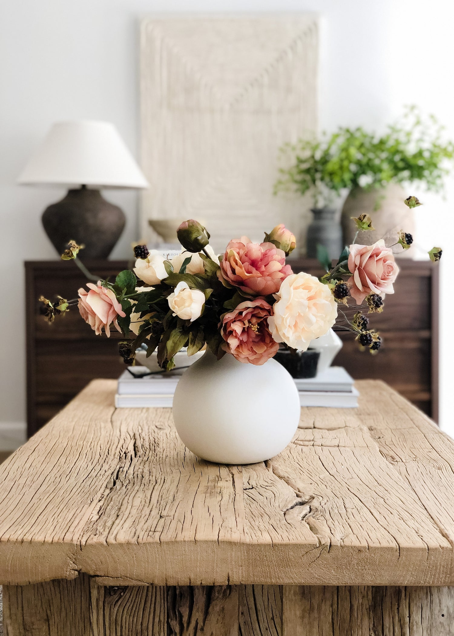 Wild Raspberry, Rose, and Peony Arrangement