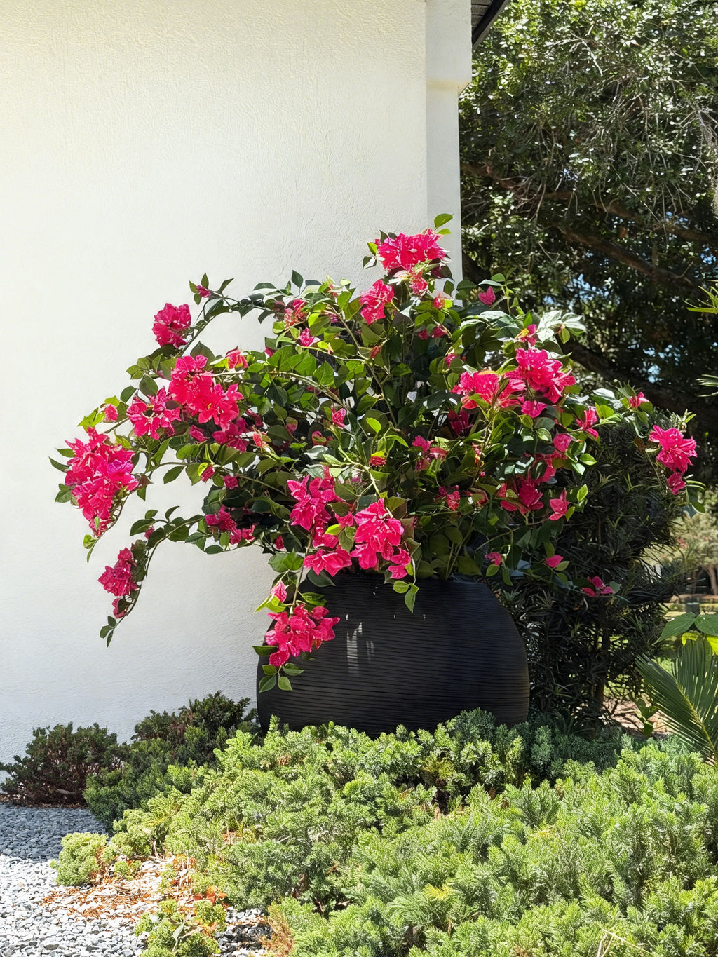 faux bougainvillea potted plant in an outdoor planter