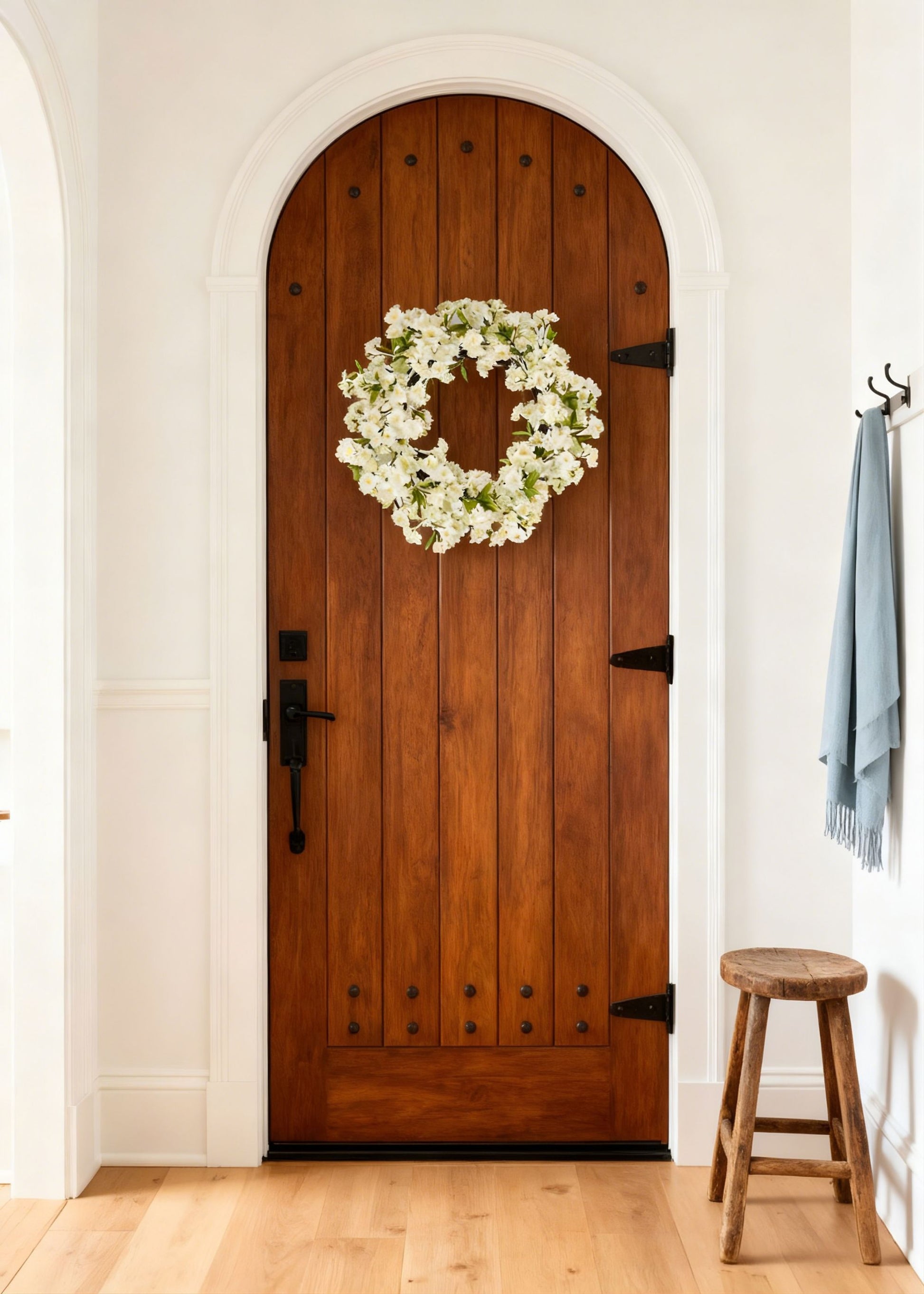 Wooden door with a white cherry blossom floral wreath