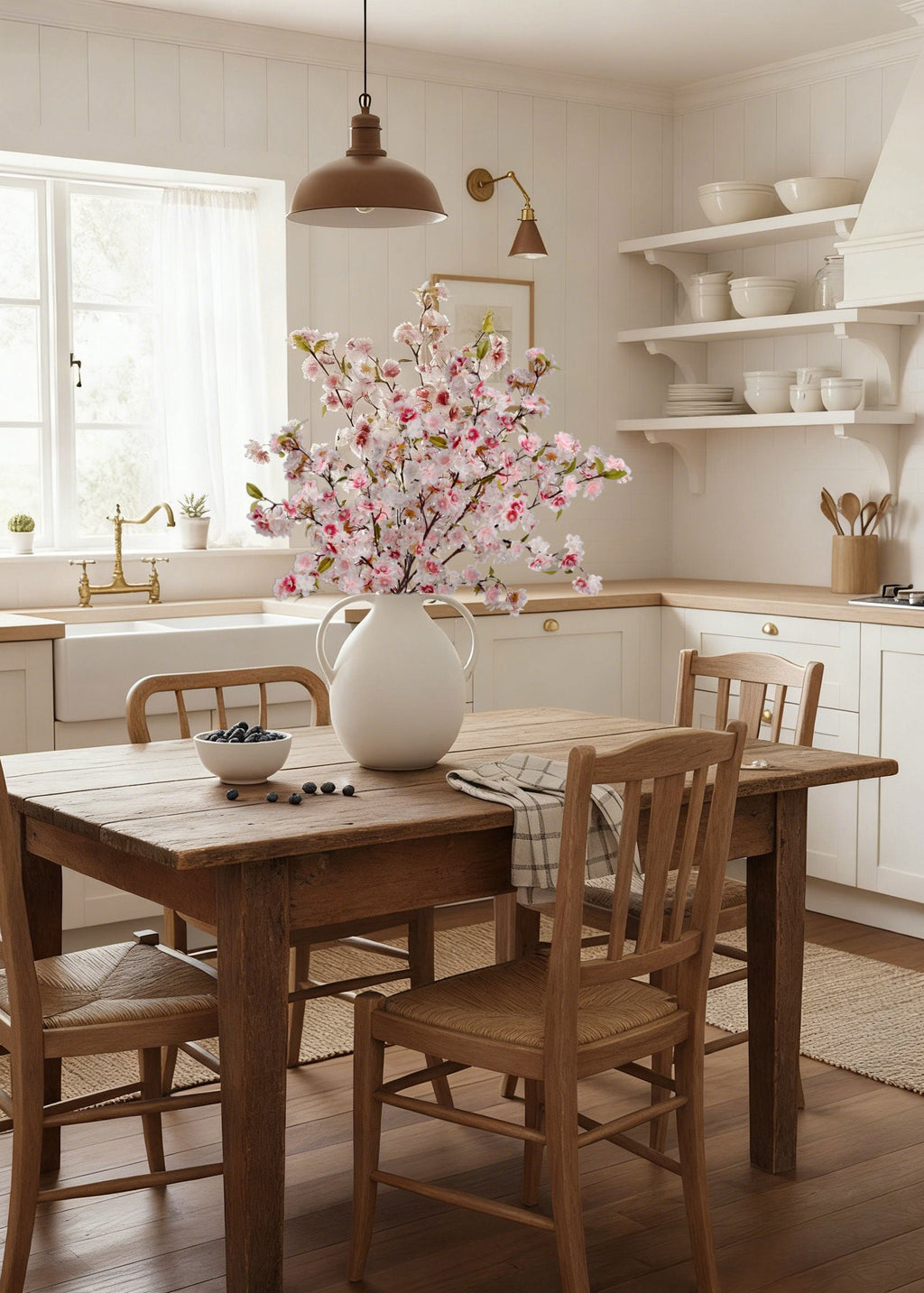 Kitchen with wooden dining table and a pink cherry blossom arrangement