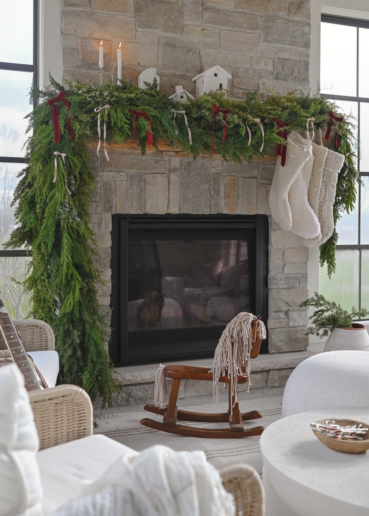 deluxe norfolk, juniper, and cedar garlands styled on a mantle