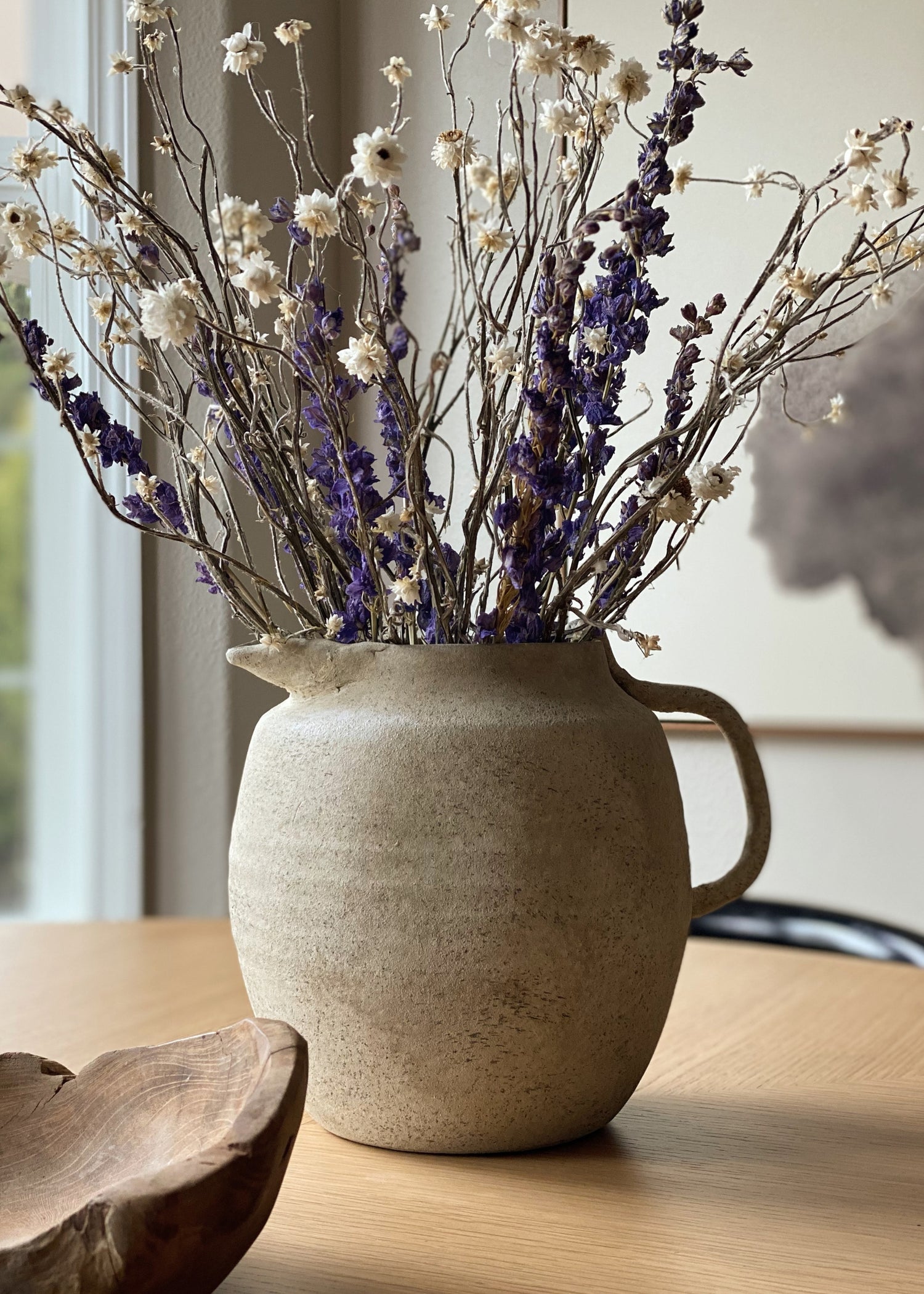 pitcher with dried ammobium and lavender