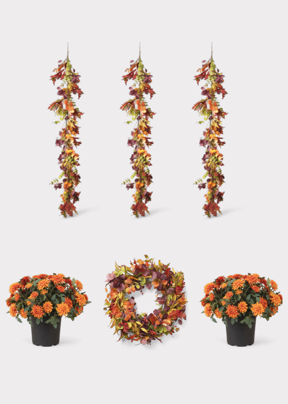 Set of autumn-themed floral arrangements including potted plants and a wreath 
