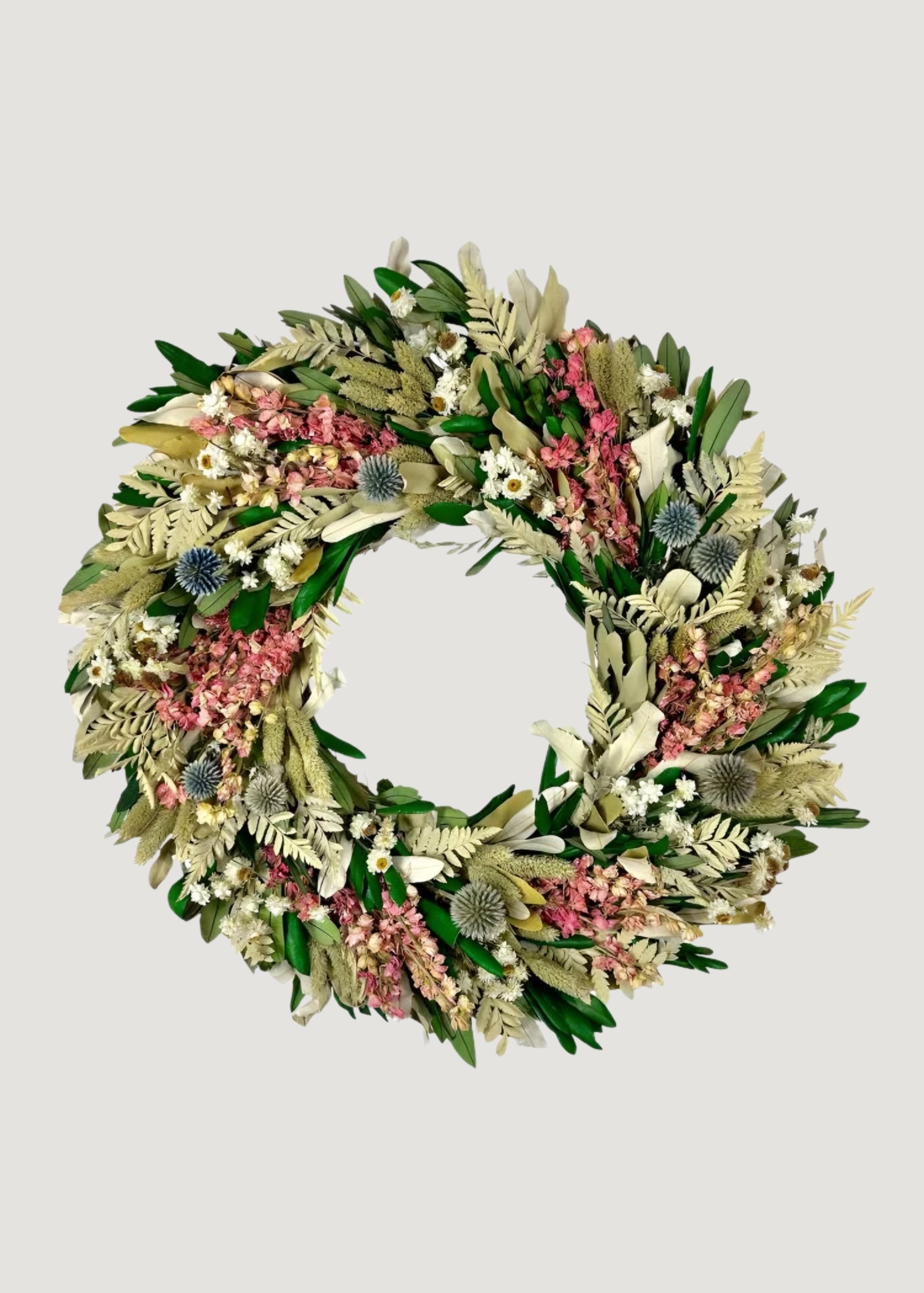 Pink Dried Larkspur and Mixed Foliage Flower Wreath