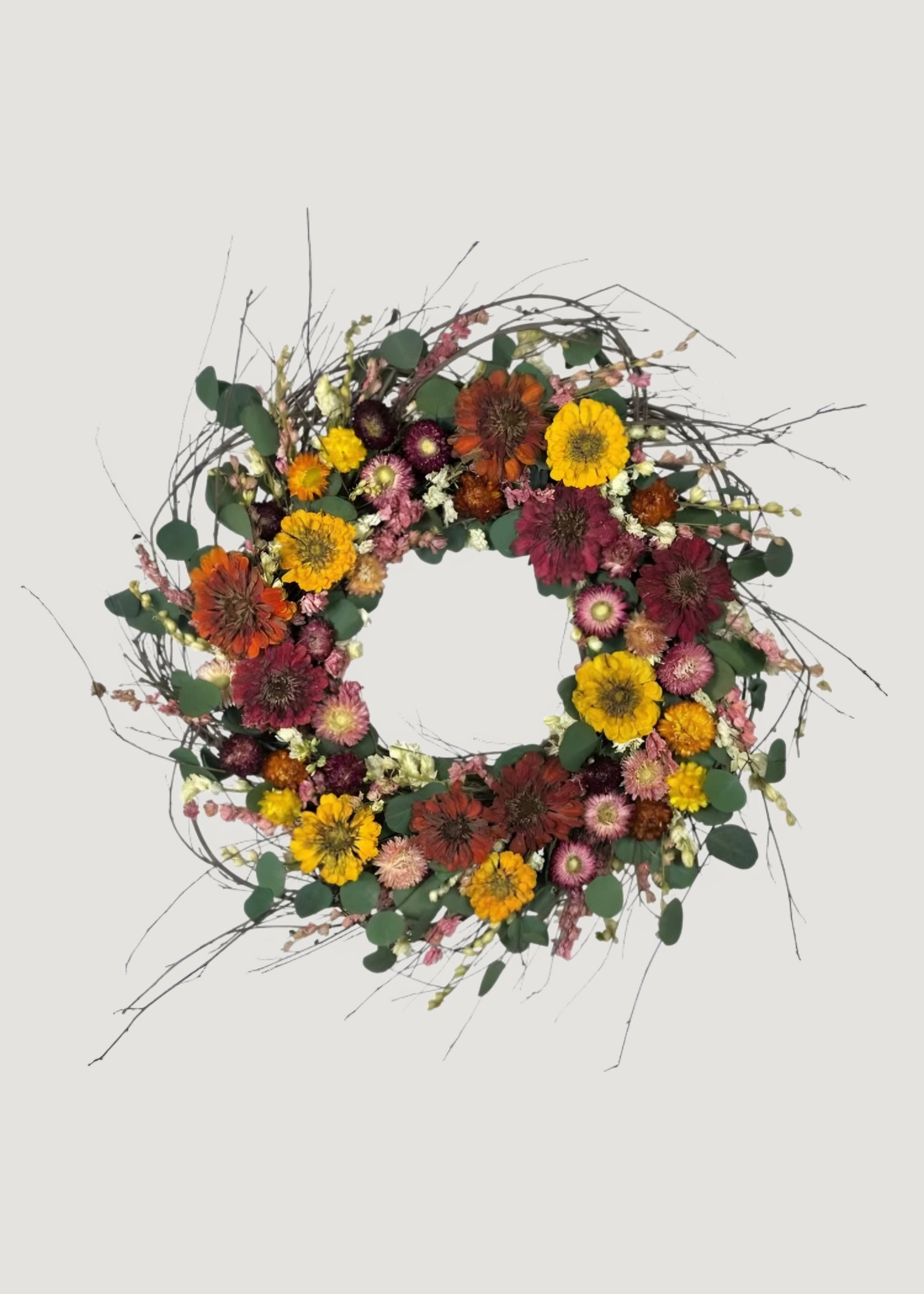 Pink and Yellow Preserved Zinnia Flower Wreath 