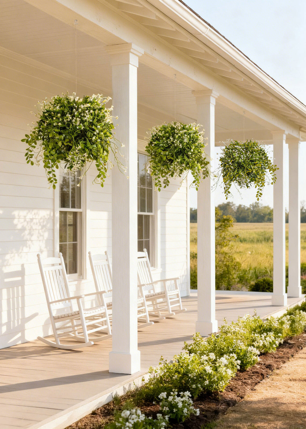 Front porch with white rocking chairs and hanging green plants
