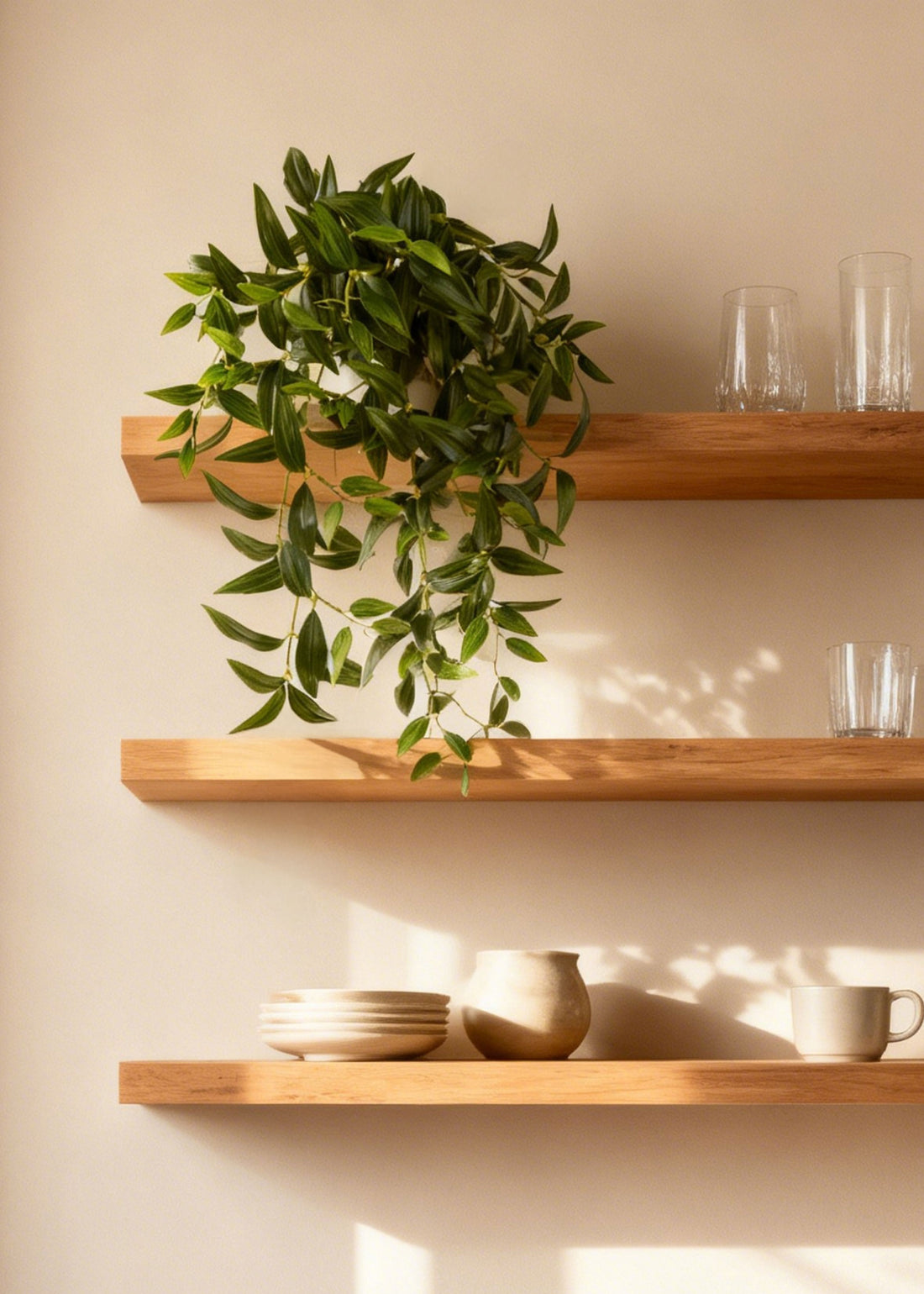 artificial ruscus hanging plant on a shelf