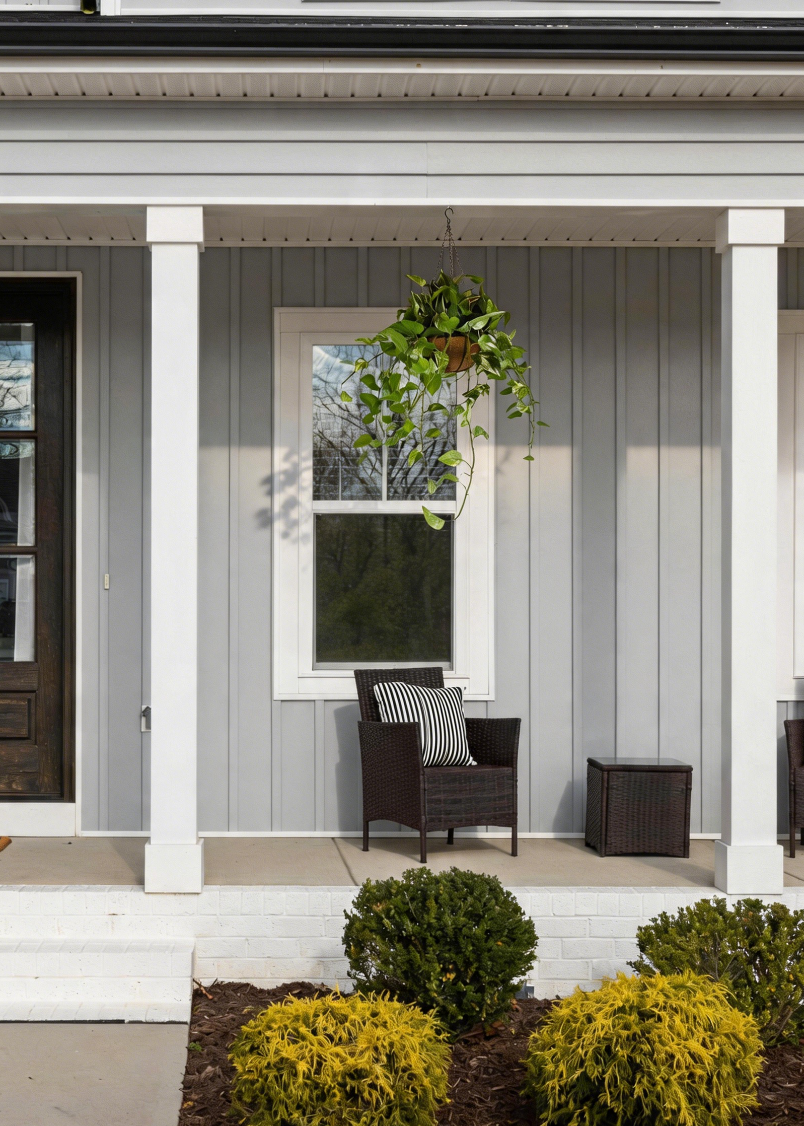 Front porch of a house with a chair, table, and decorative faux hanging plant
