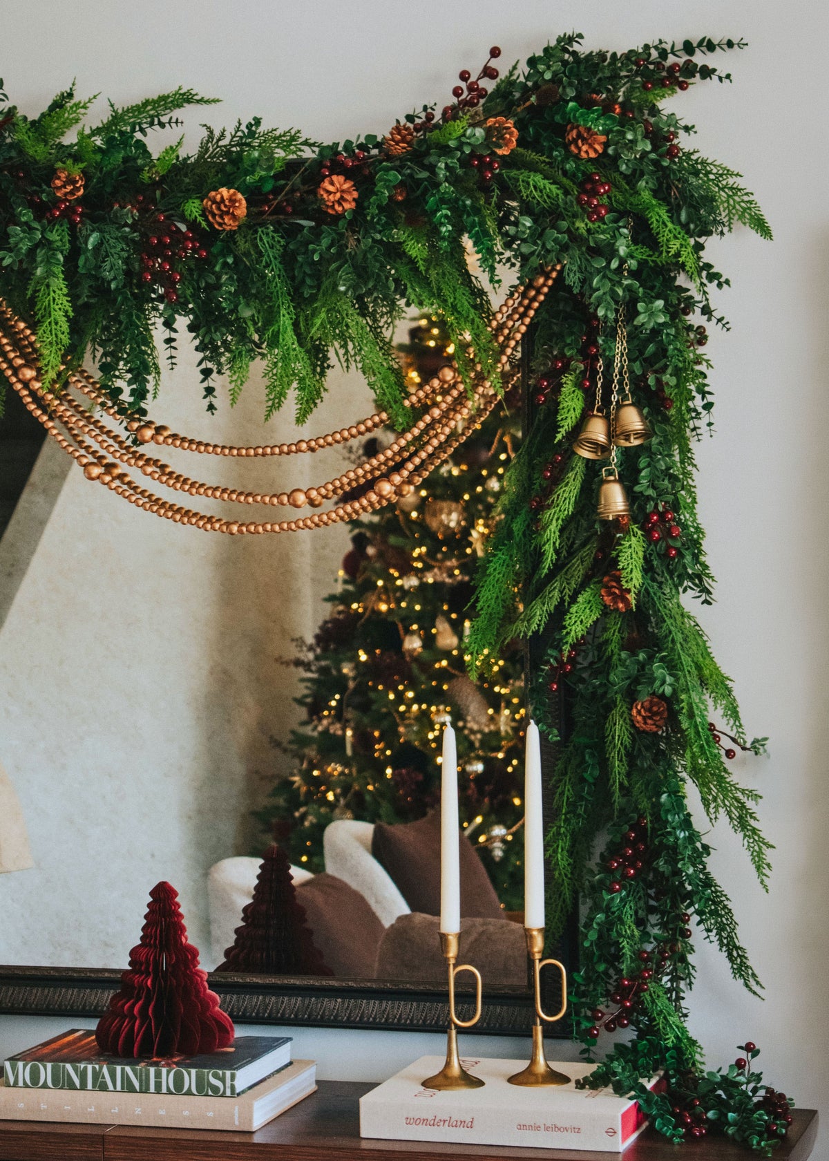 Christmas Eucalyptus and Cedar Garlands Decorating a Mirror