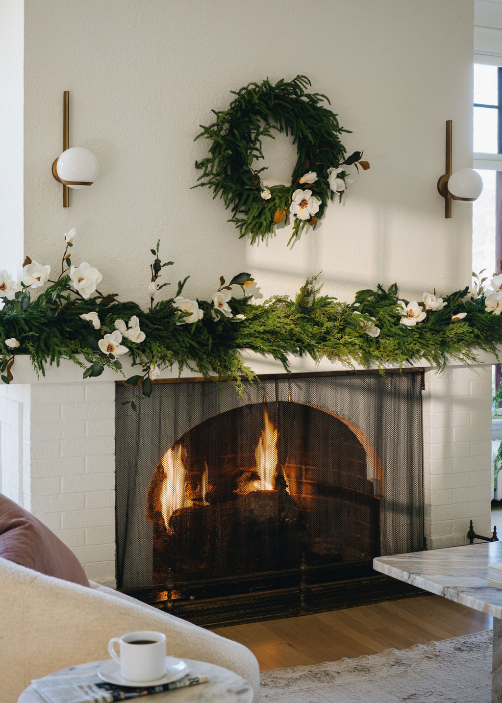Magnolia & Evergreen Holiday Mantel Design