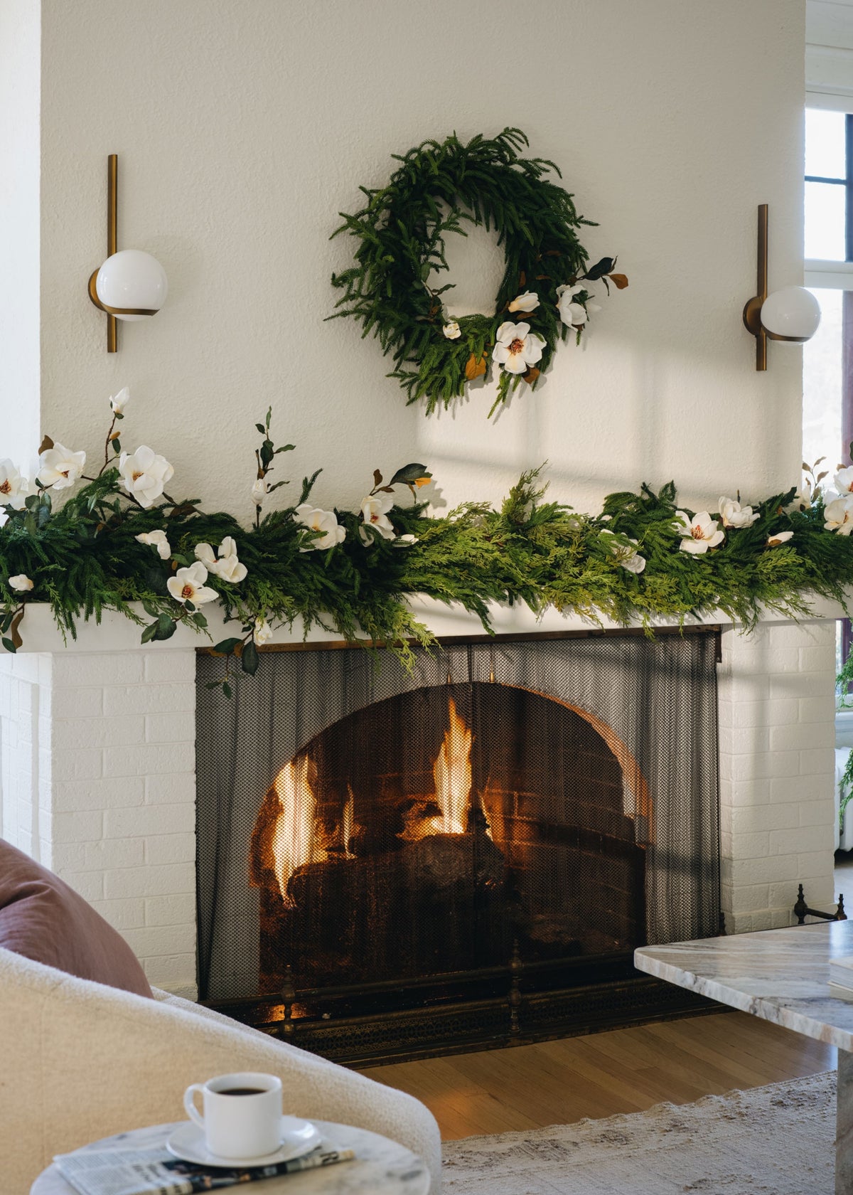 Magnolia & Evergreen Holiday Mantel Design