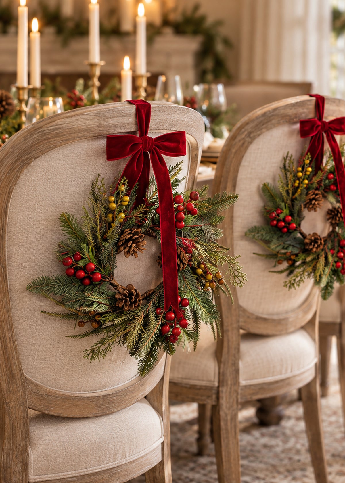 small holiday wreath on back of chairs
