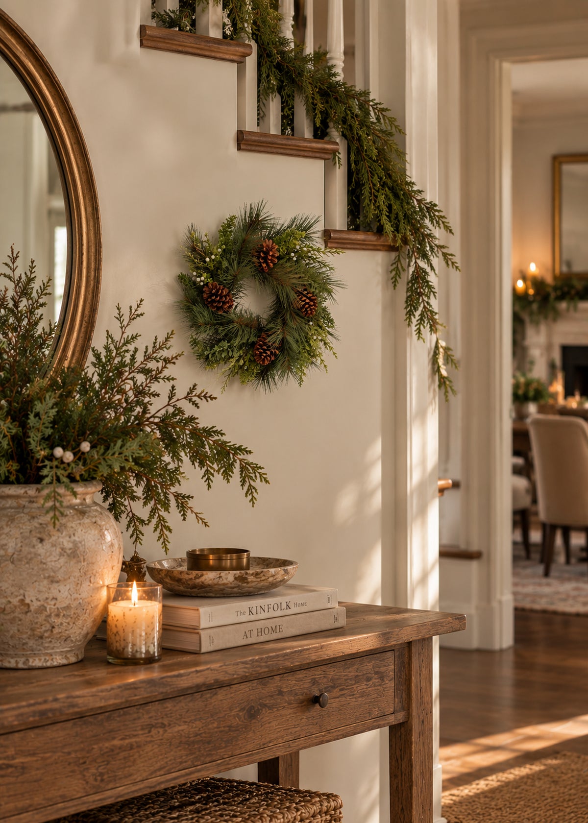 small holiday wreath on wall