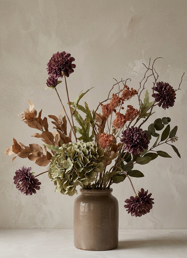 Chocolate Brown Artificial Pompon Mums in vase