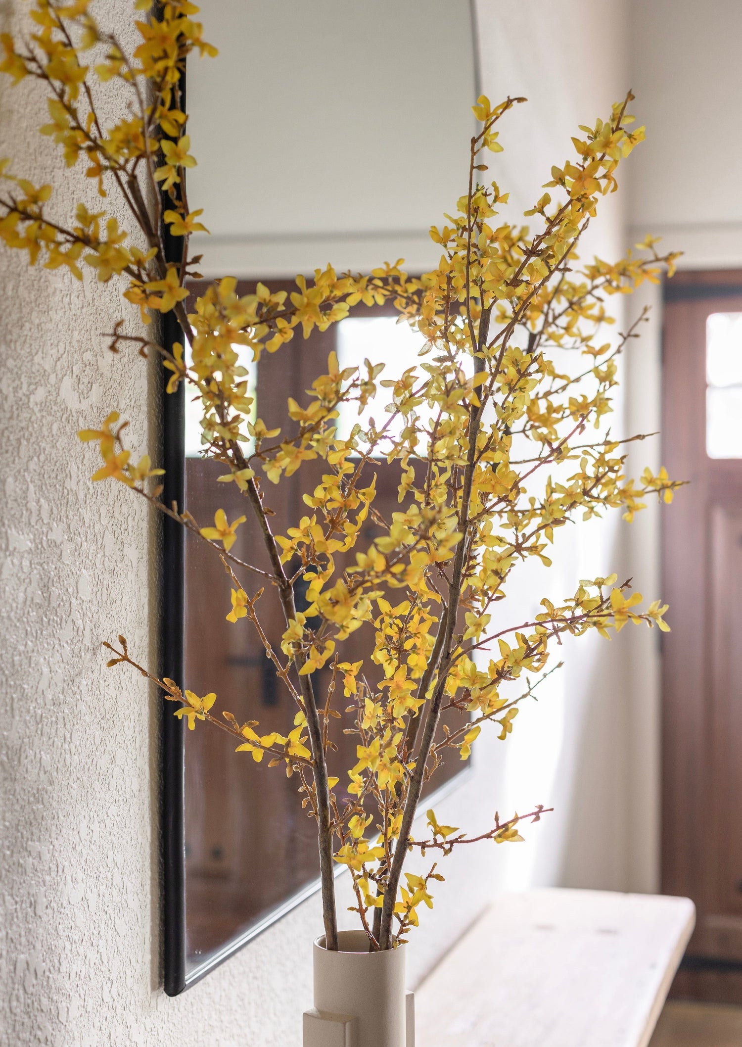 Artificial Blooming Forsythia Branch in Ceramic Geometric Vase  at afloral