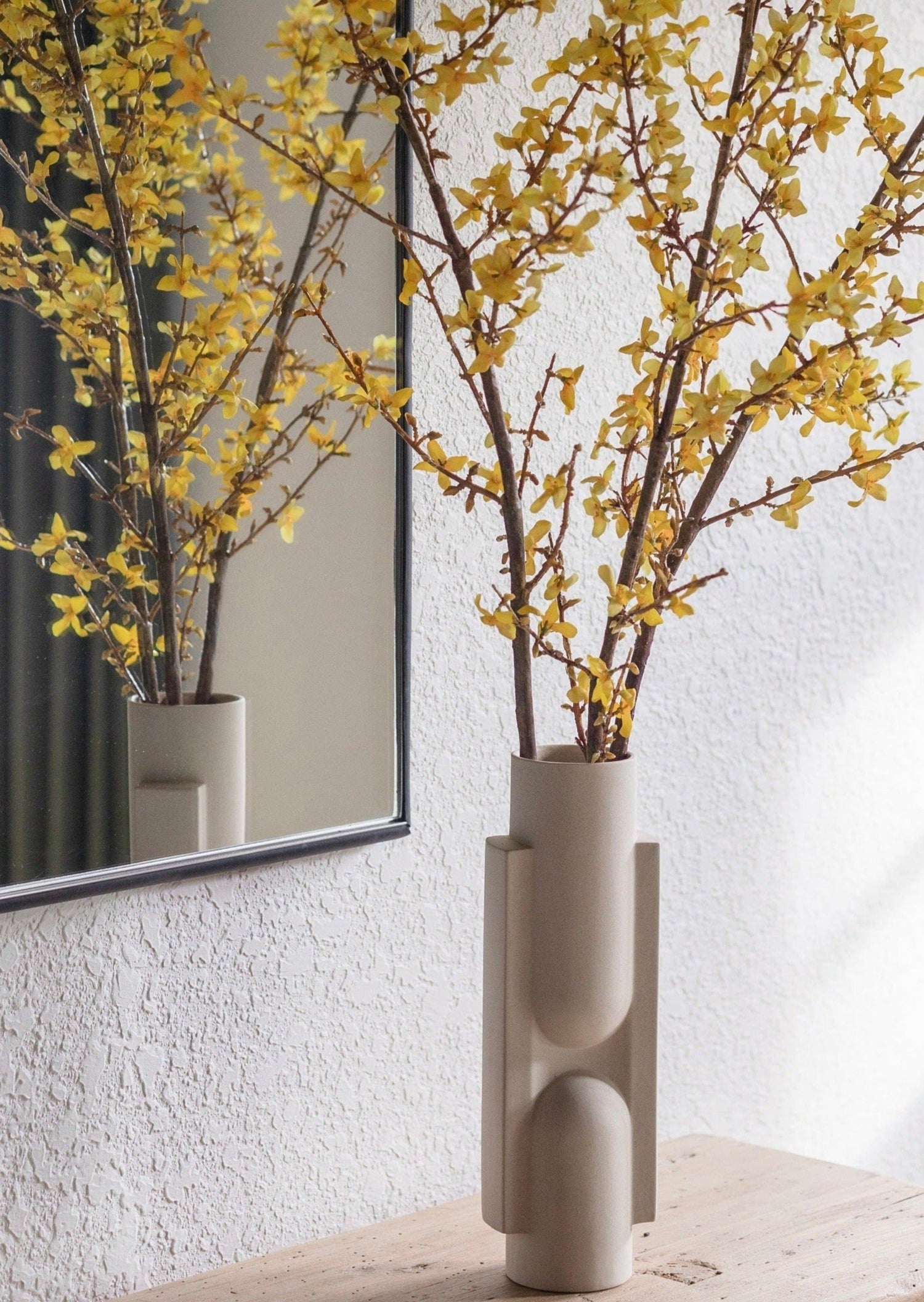 Tall Ceramic Kala Vase Styled with Faux Blooming Forsythia Branch