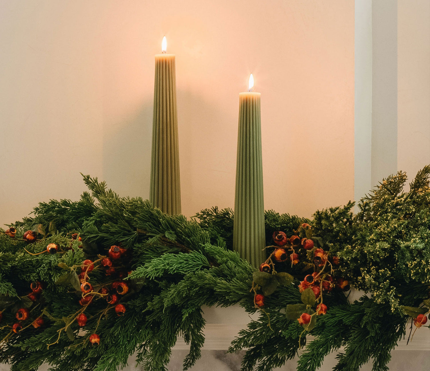 Holiday Mantel with Pillar Candles and Cedar Garlands