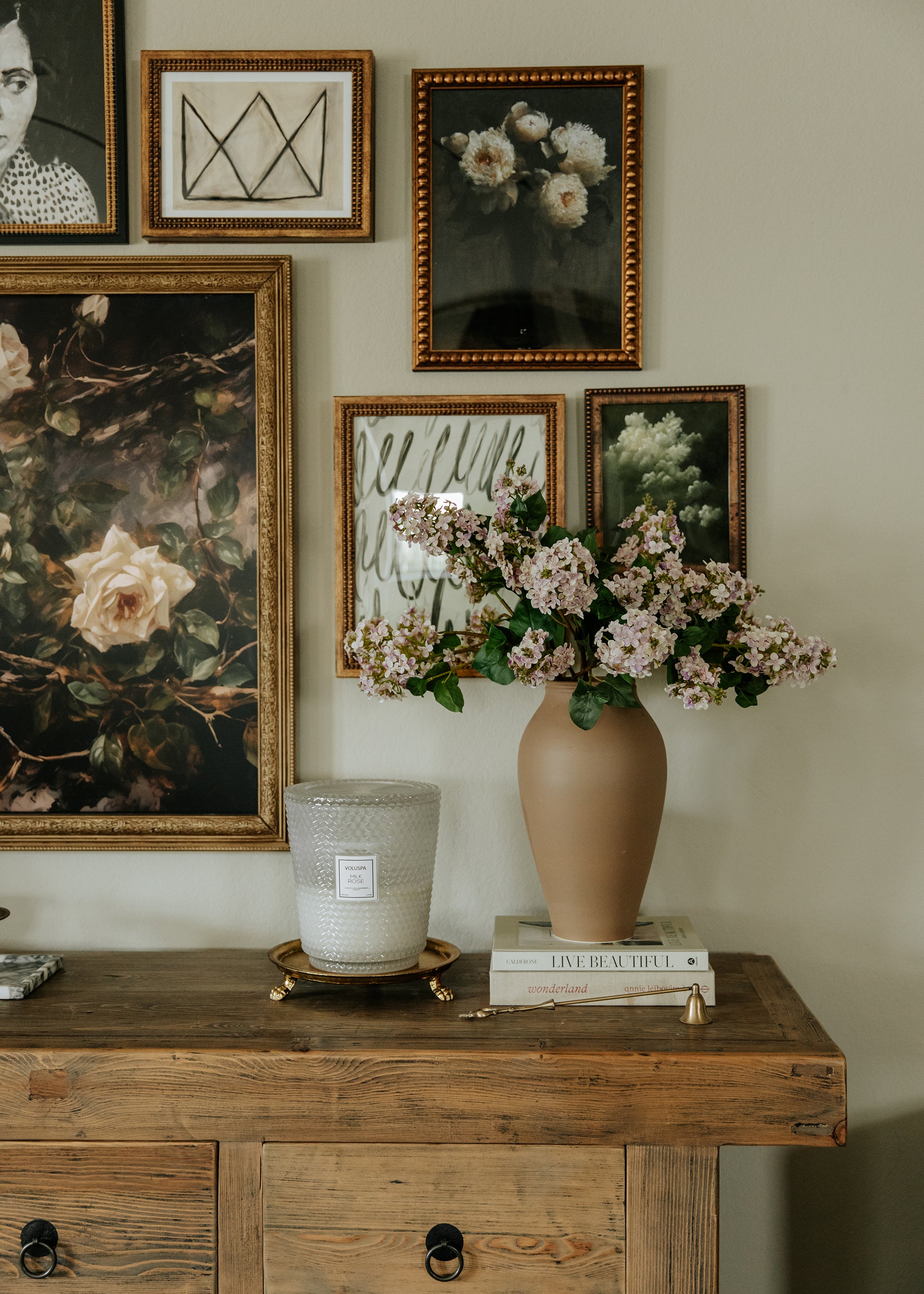 Afloral Pale Lavender Faux Lilac Flowers Styled in Terracotta Vase