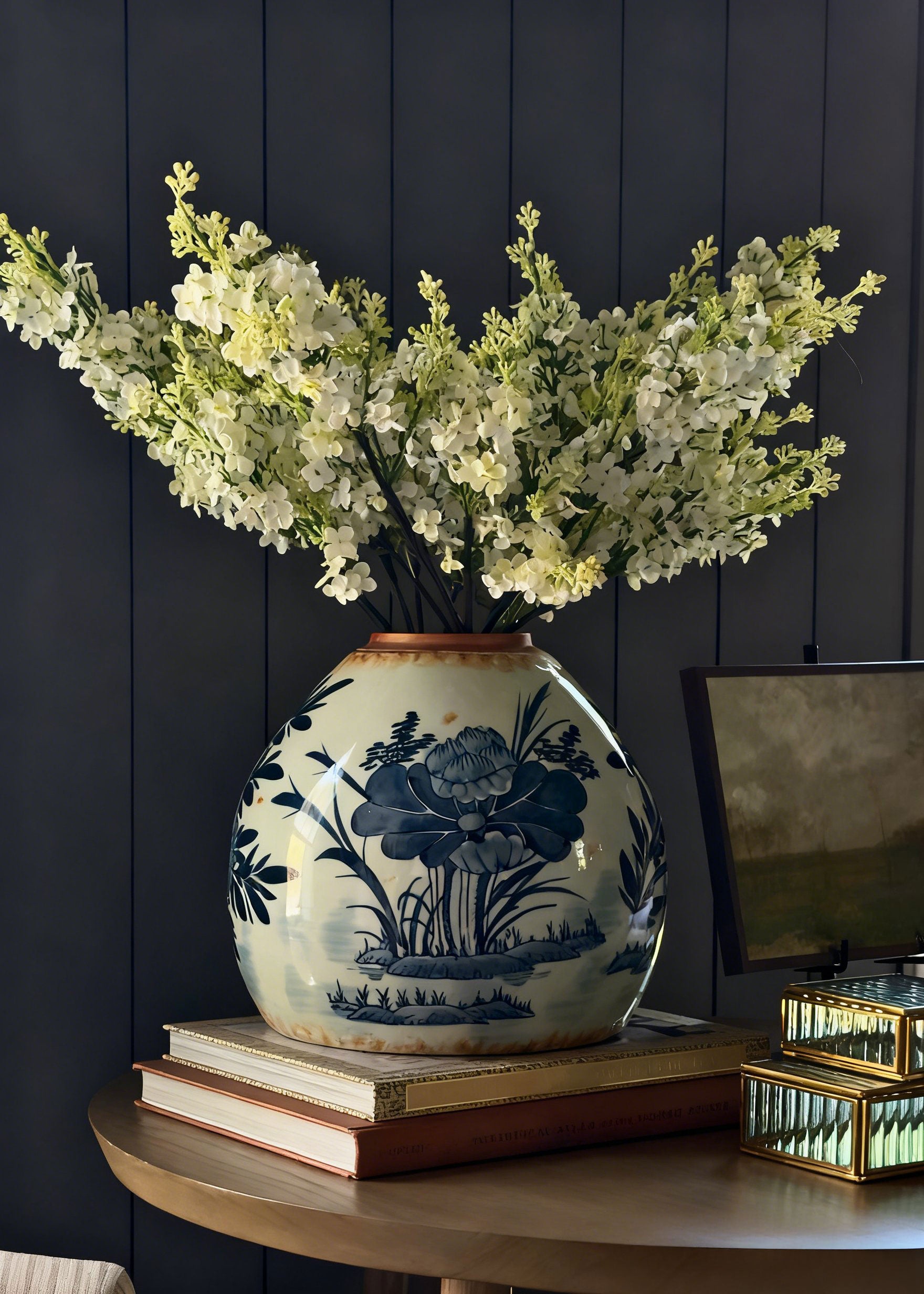 Decorative ginger jar with faux lilac arrangement