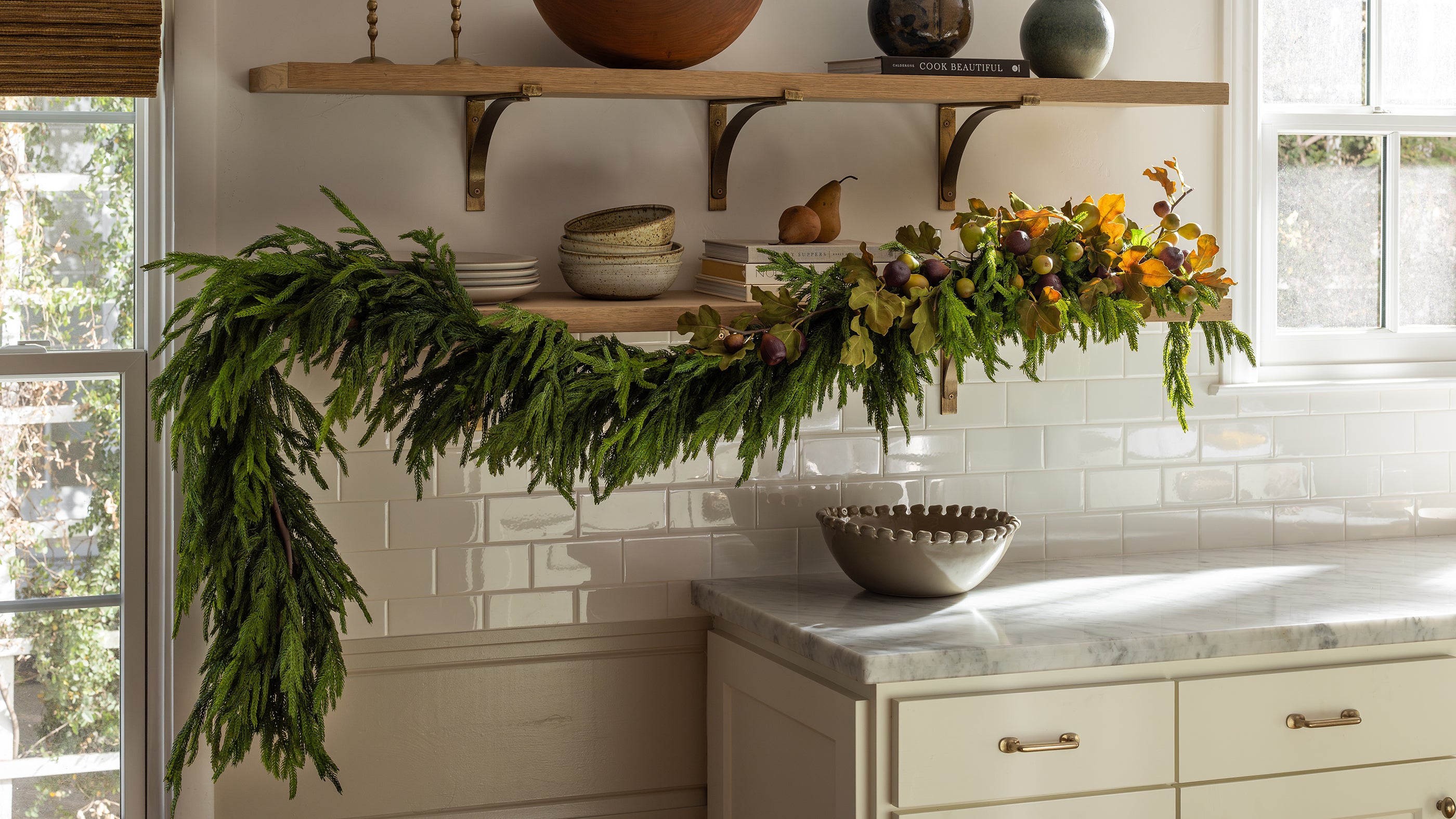 norfolk pine garland with faux figs and pears