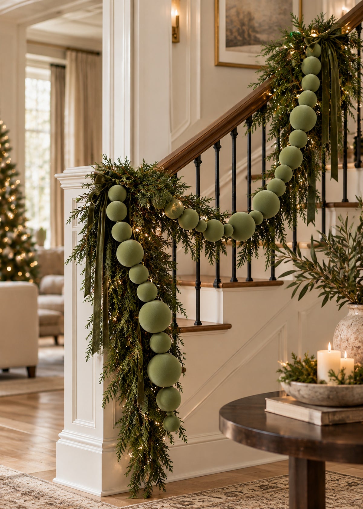 green flocked ball garland on stairway 