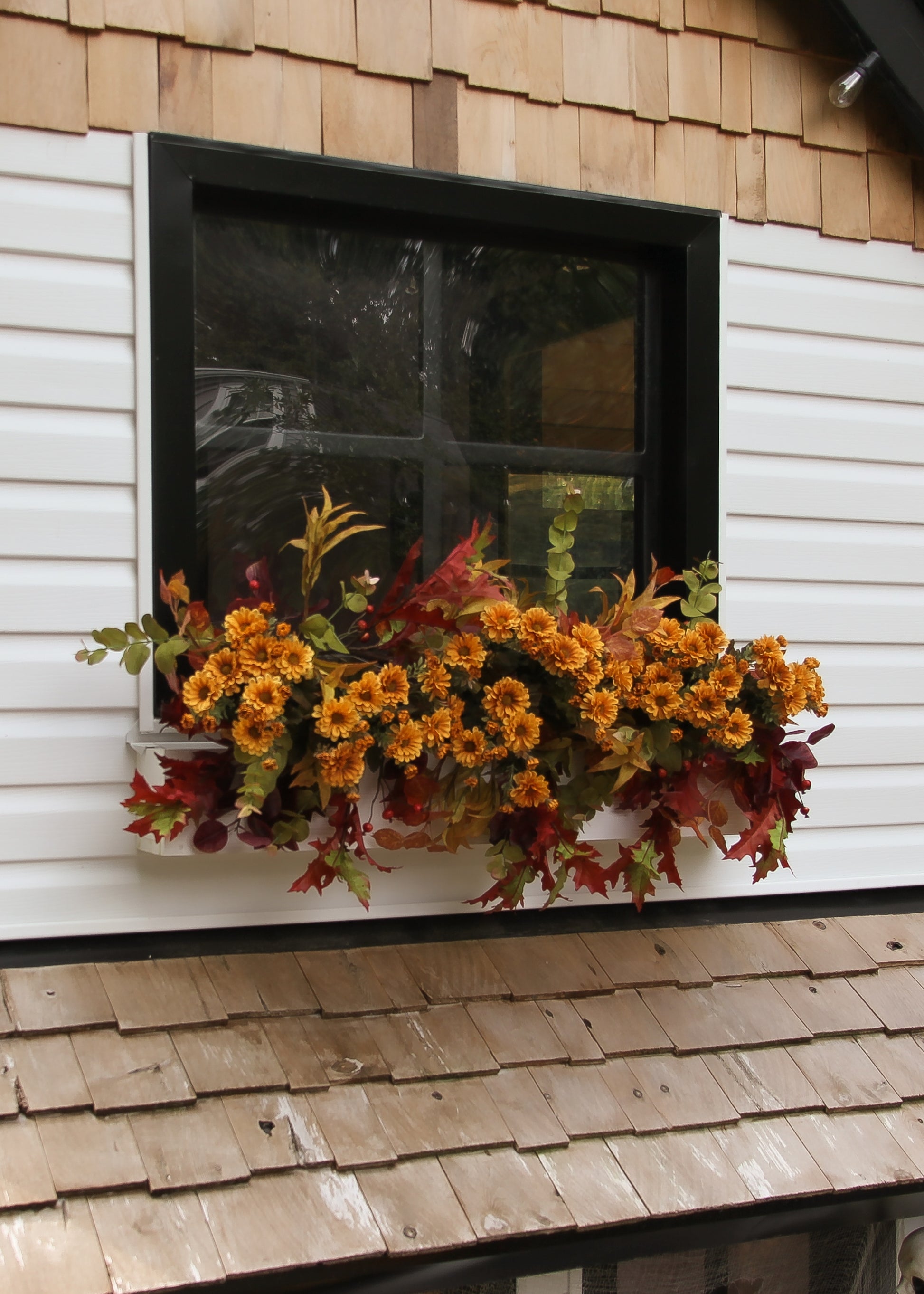 Mums and Fall Eucalyptus Garland styled in Window Box