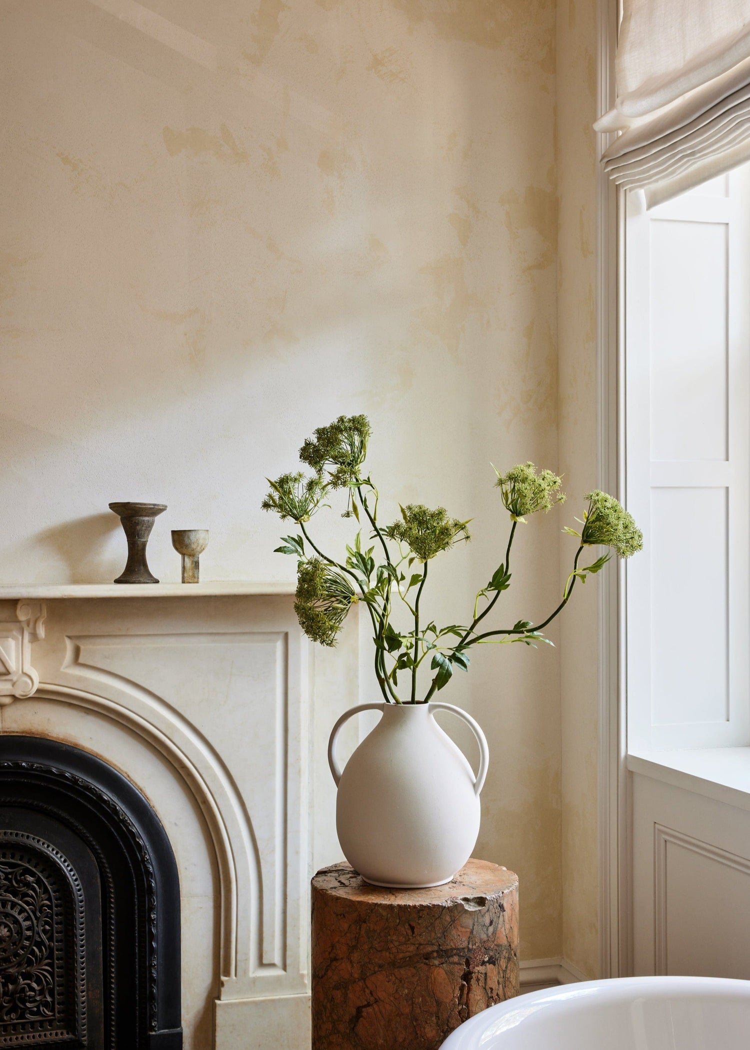 White Double Handle Tall Vase with Faux Queen Annes Lace