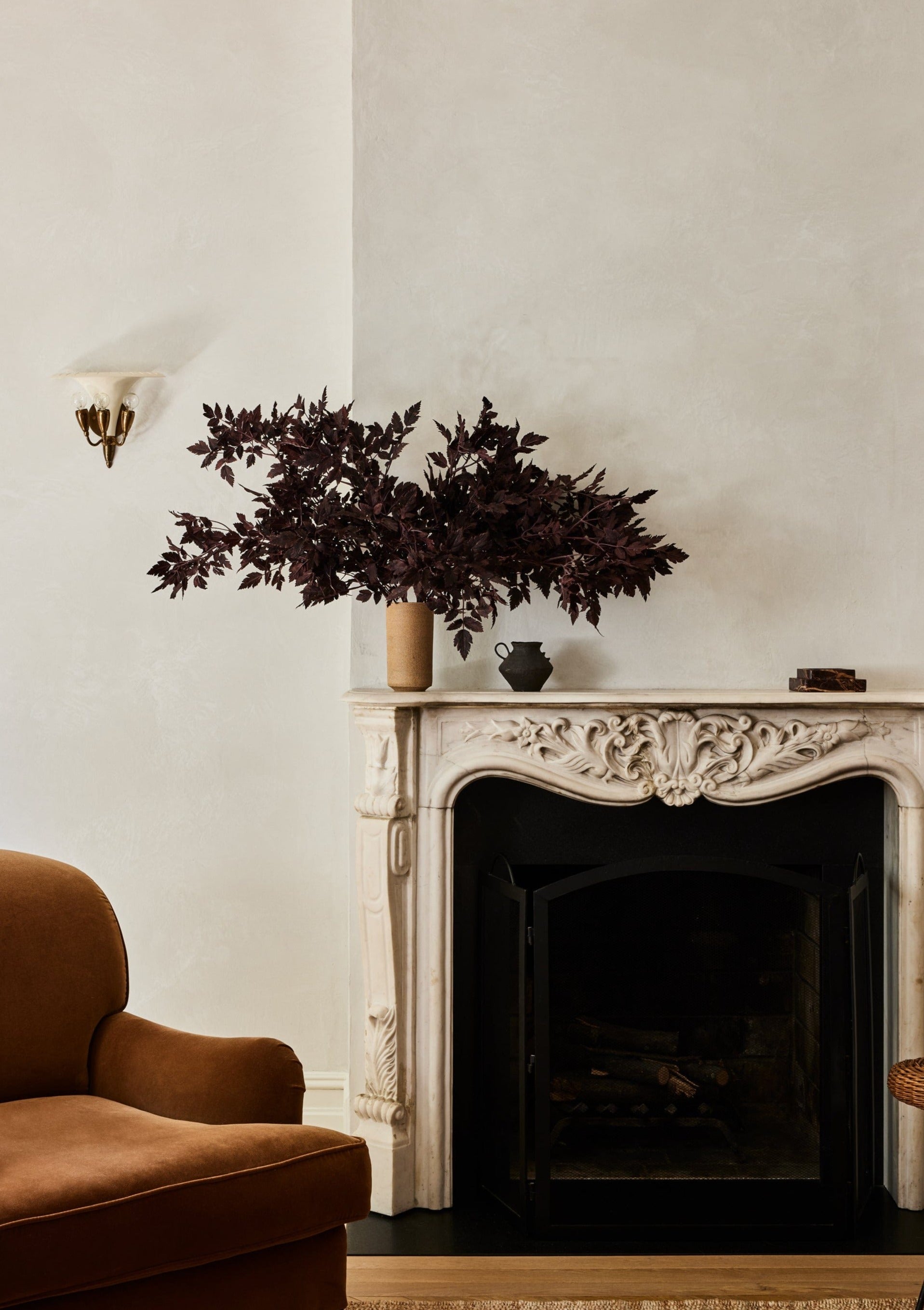 Afloral Vase Styled with Plum Faux Fall Leaves on Mantel
