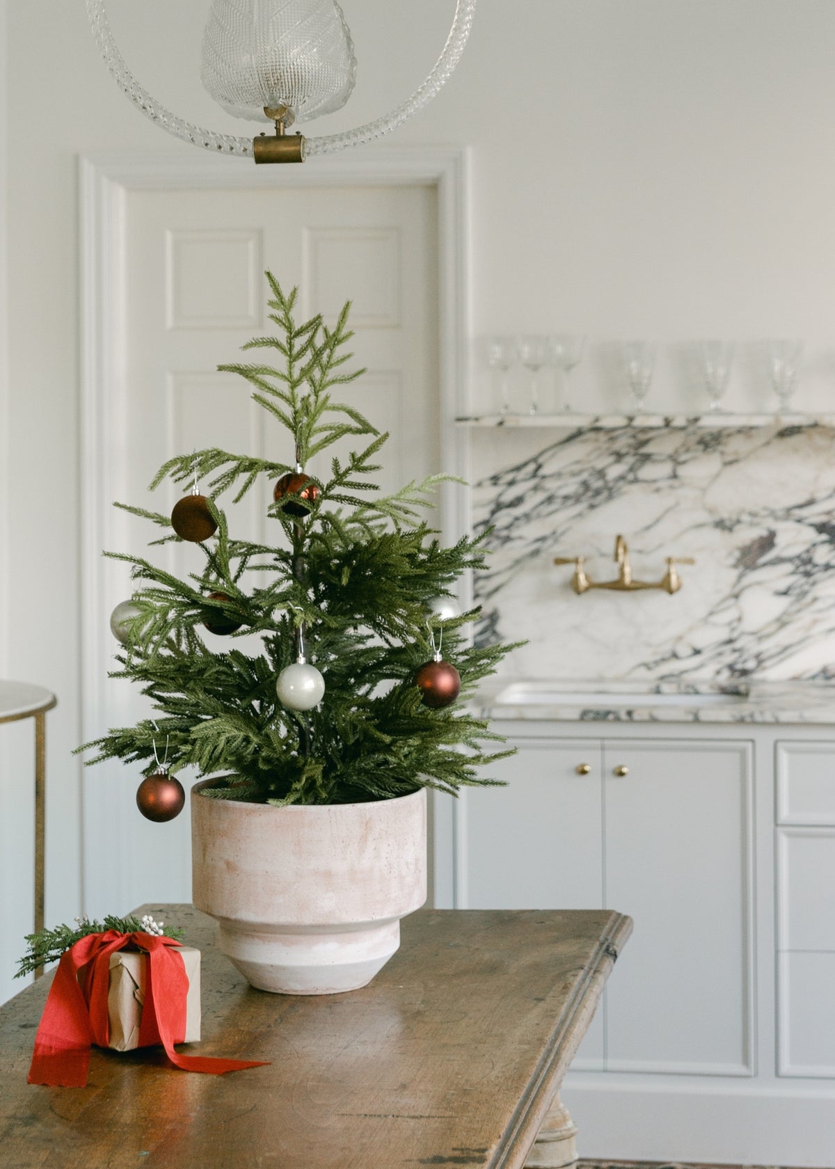 norfolk pine tree with holiday ornaments