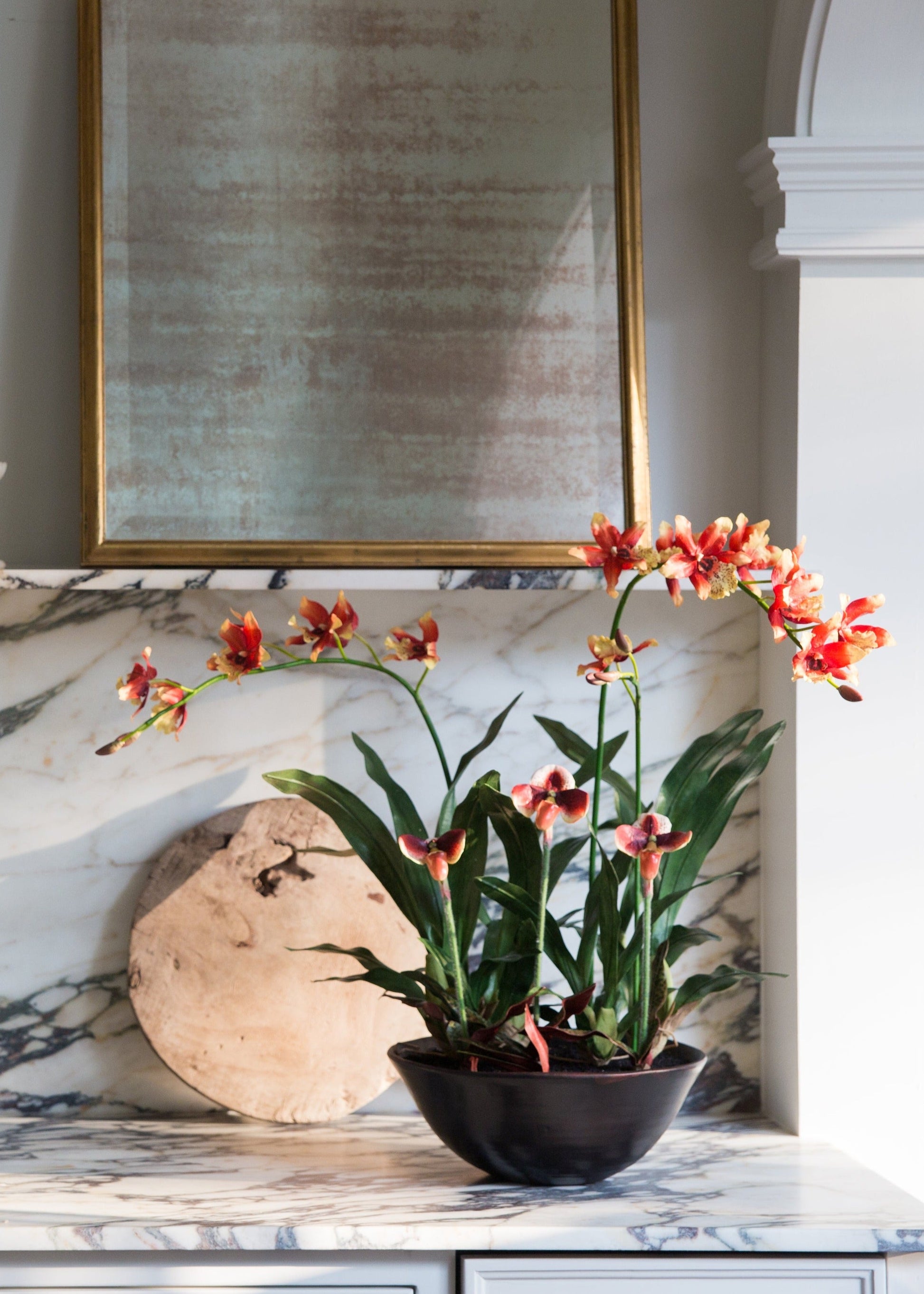 artificial orchid plants in pots 28" Oncidium/Lady's Slipper Orchid in Terra Cotta Bowl Rust Green