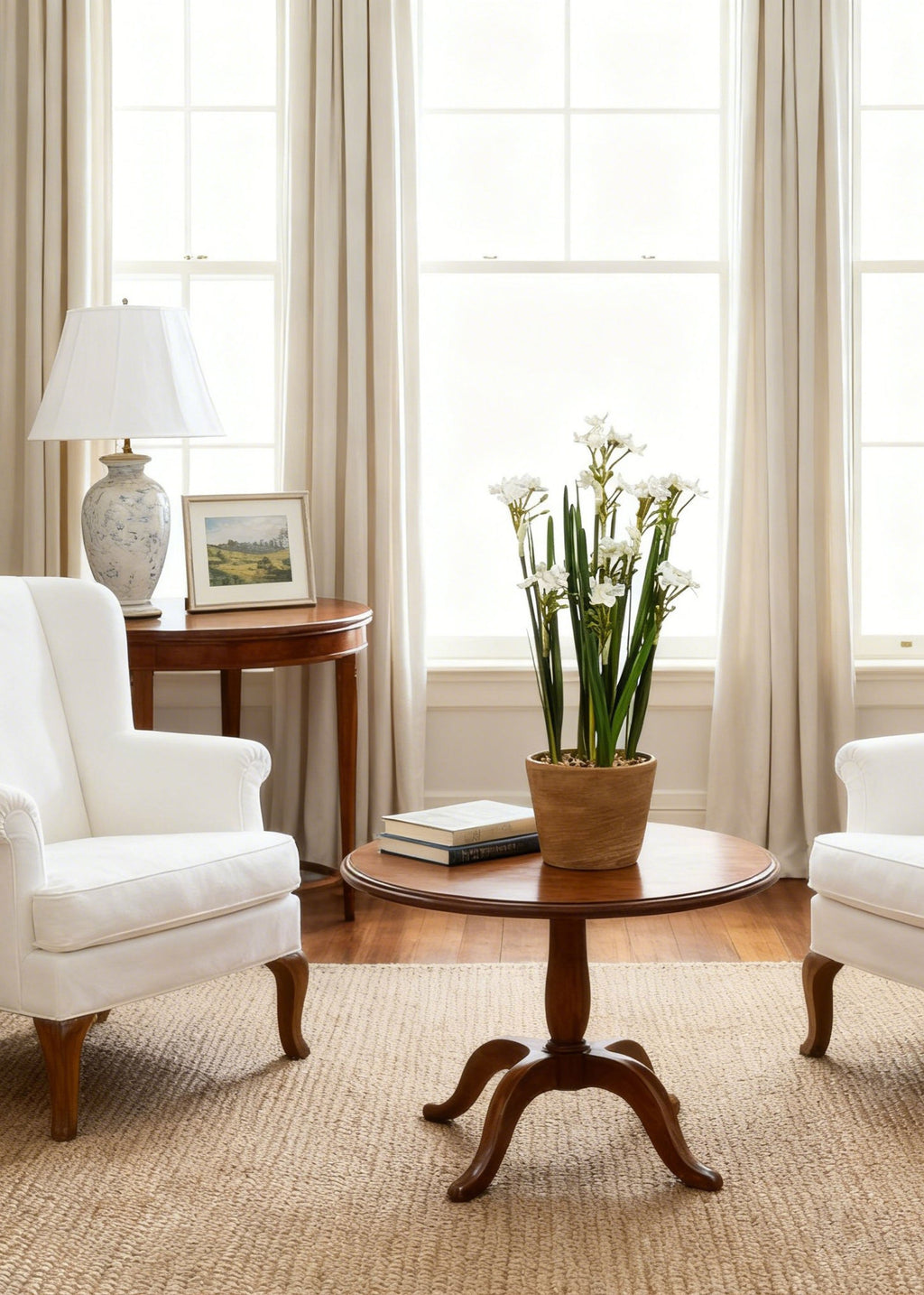 artificial paperwhite potted plant on a coffee table in the living room