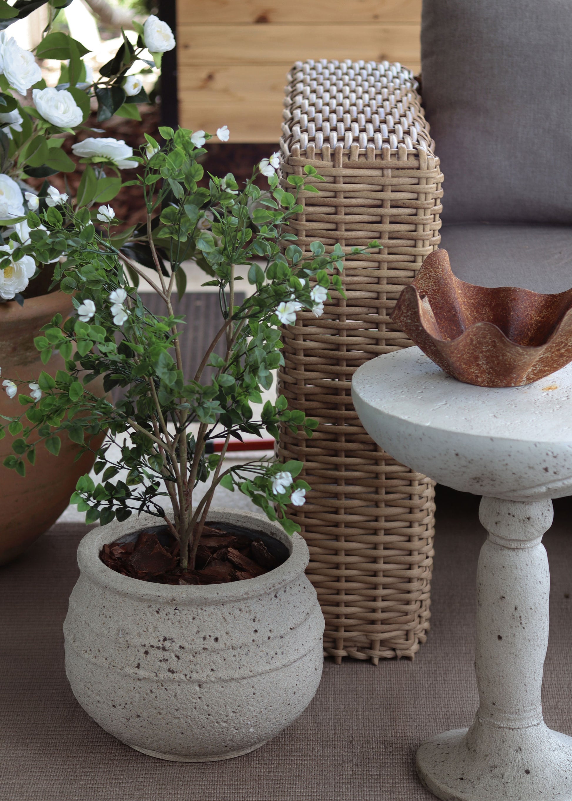 Potted plant on a patio with a woven stool and decorative table