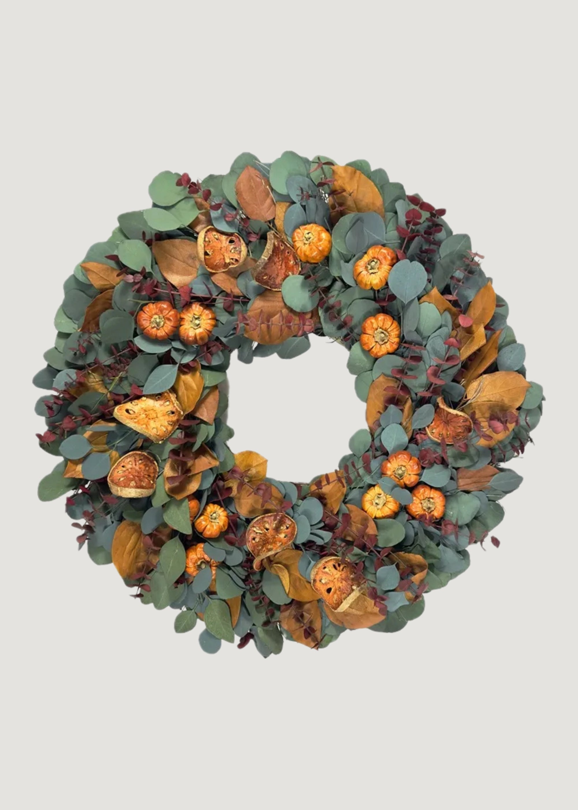Natural Eucalyptus and Quince Fall Wreath with Pumpkins