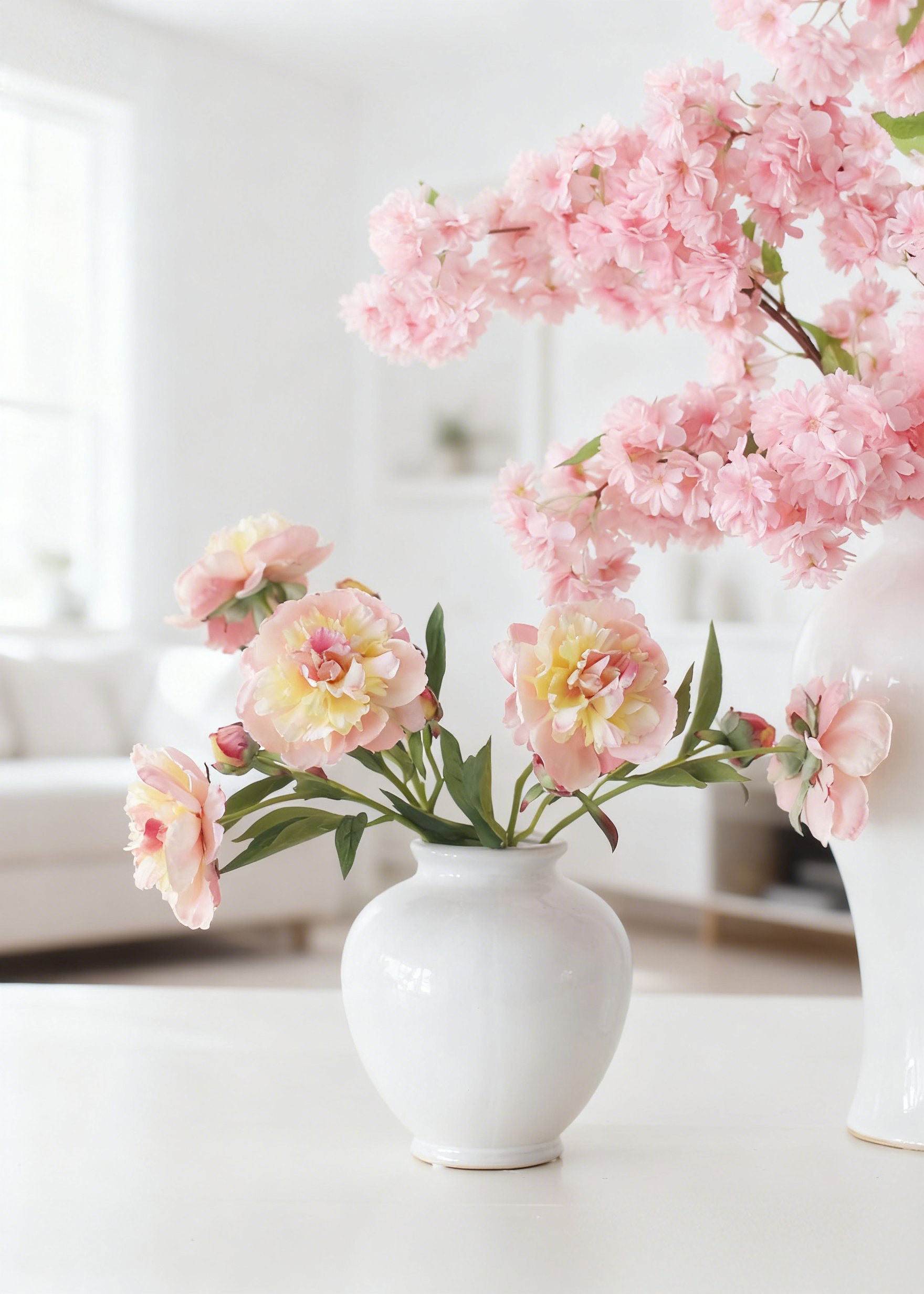 Faux Apricot Peonies and Pink Cherry Blossoms