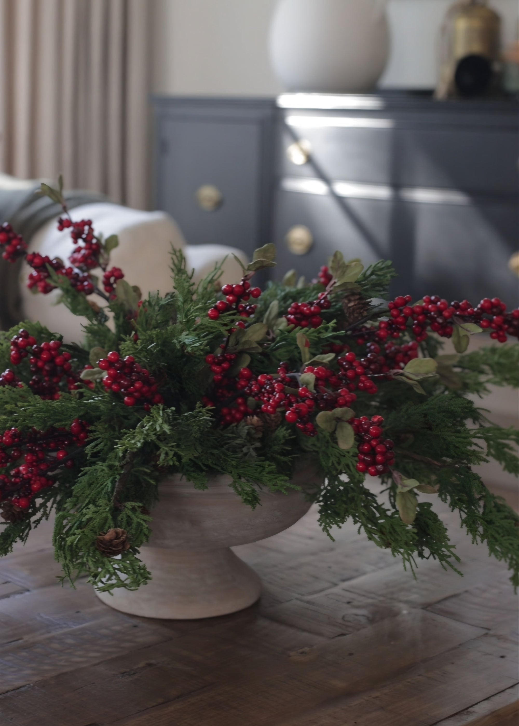 Compote Bowl Styled with Winter Pine and Red Berries