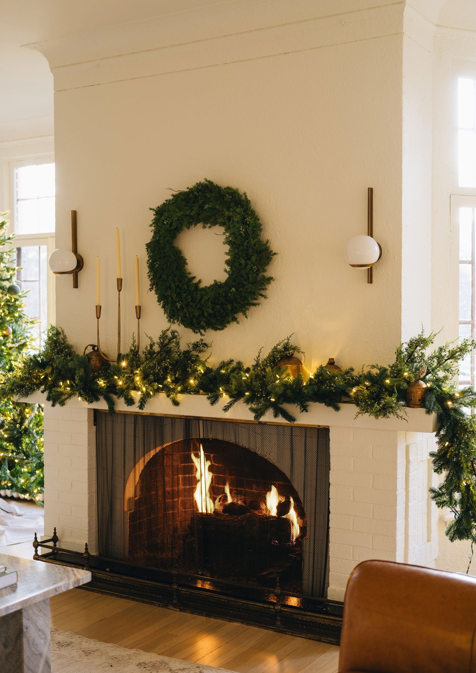 Hanging Cedar and Juniper Wreath above Mantel