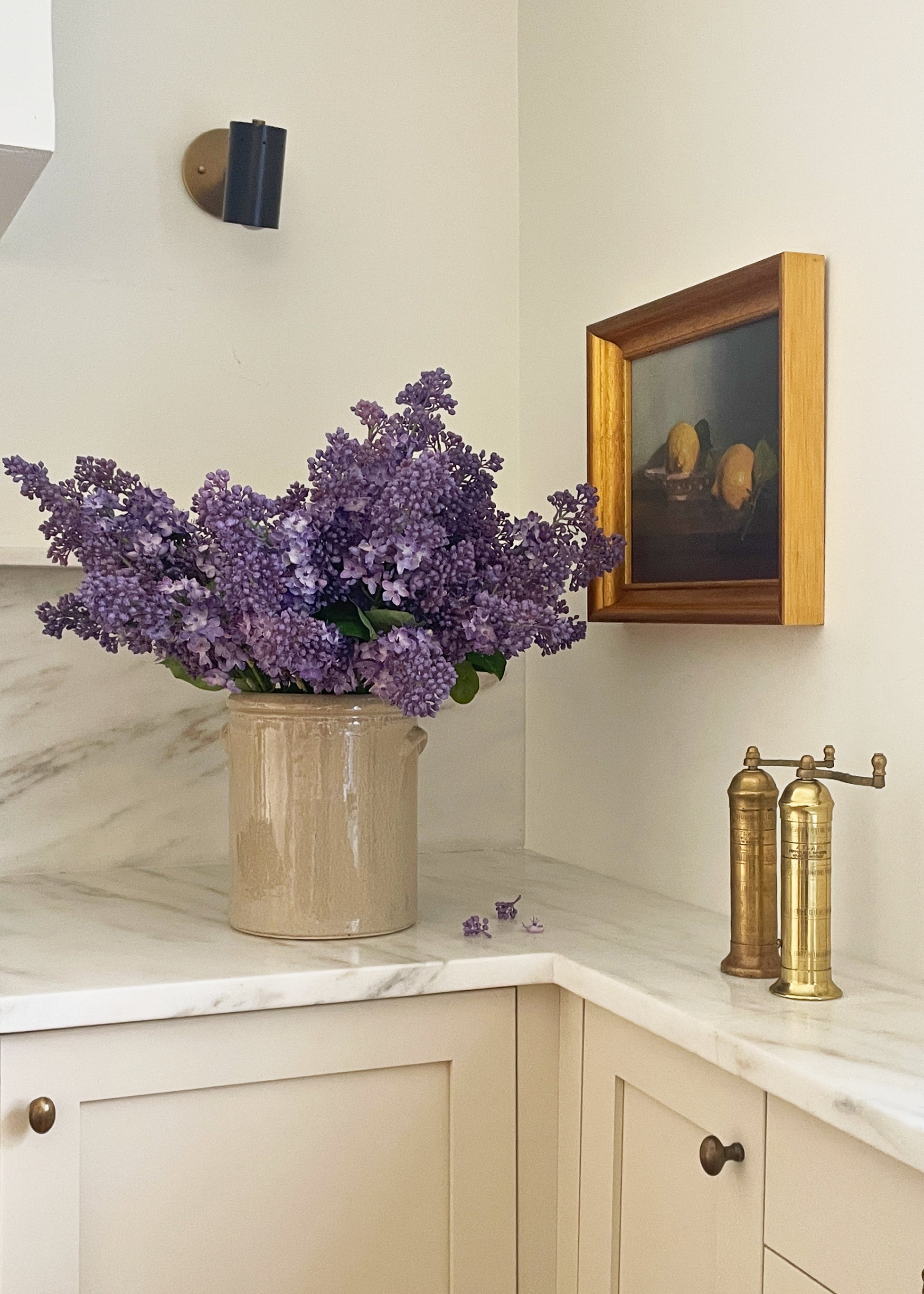 Afloral Purple Faux Lilacs Styled in Glossy Clay Crock Vase