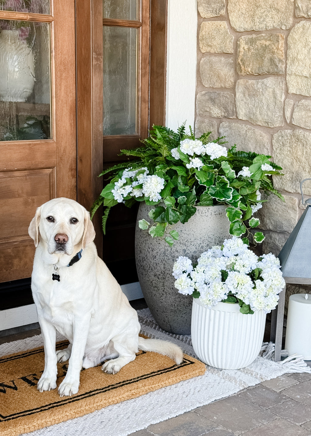 Outdoor Faux Hydrangea Bushes Styled with Geraniums