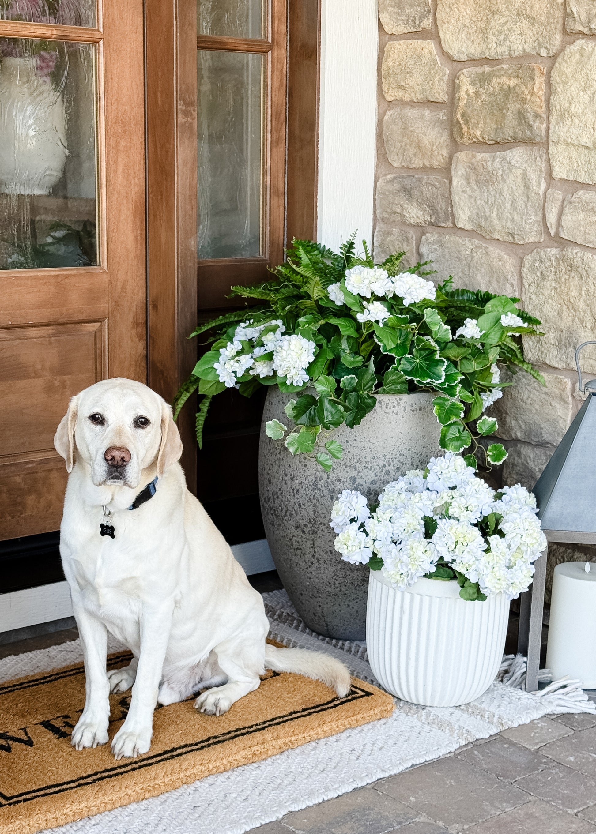 Outdoor Faux Hydrangea Bushes Styled with Geraniums