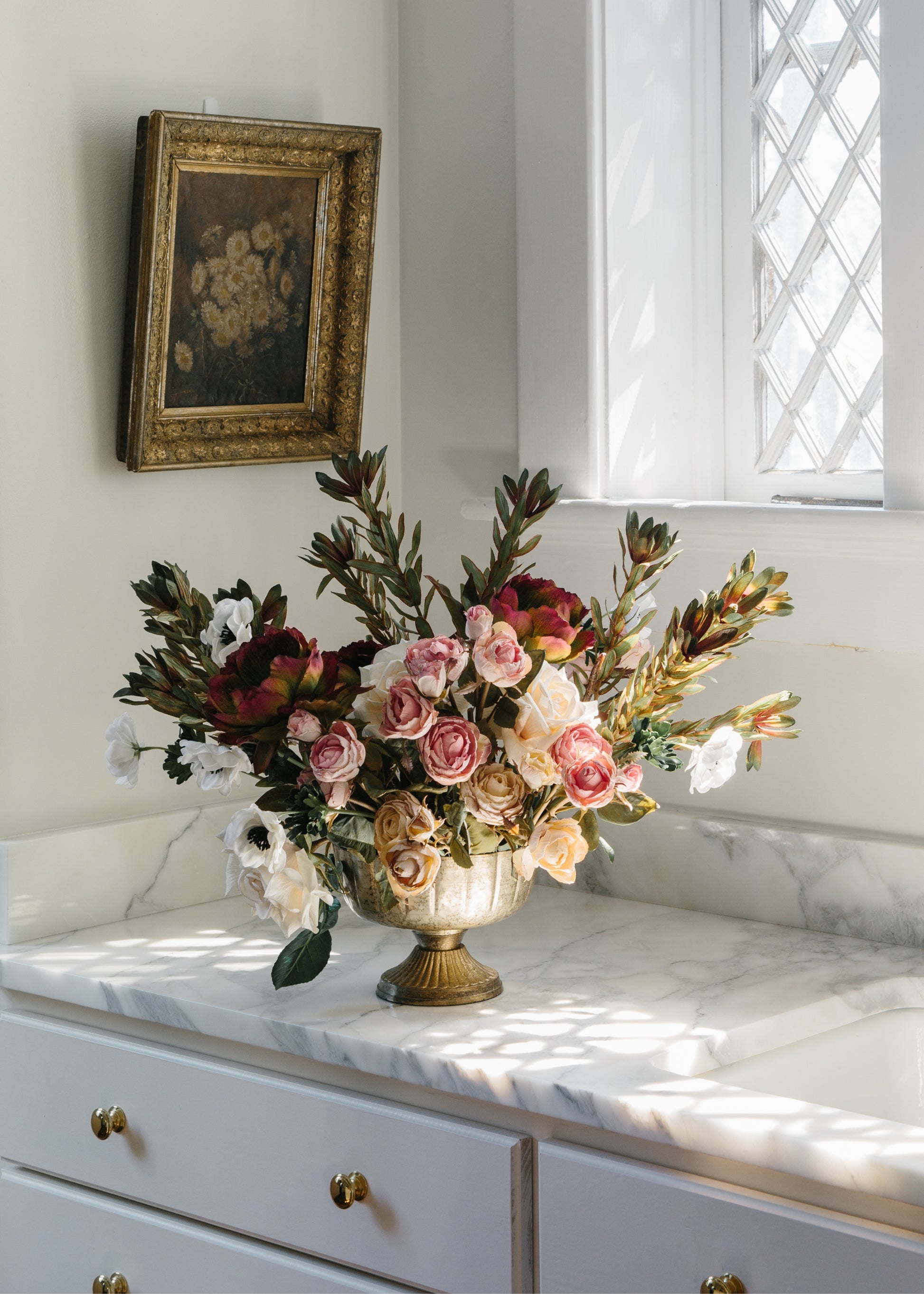 Styled Silk Flowers in a Gold Vase