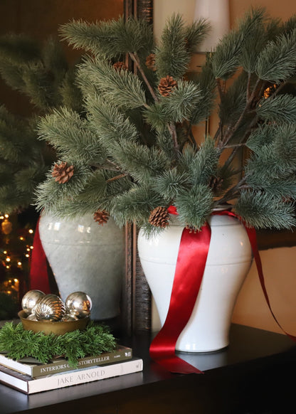 luxe faux blue spruce branches styled for the holidays