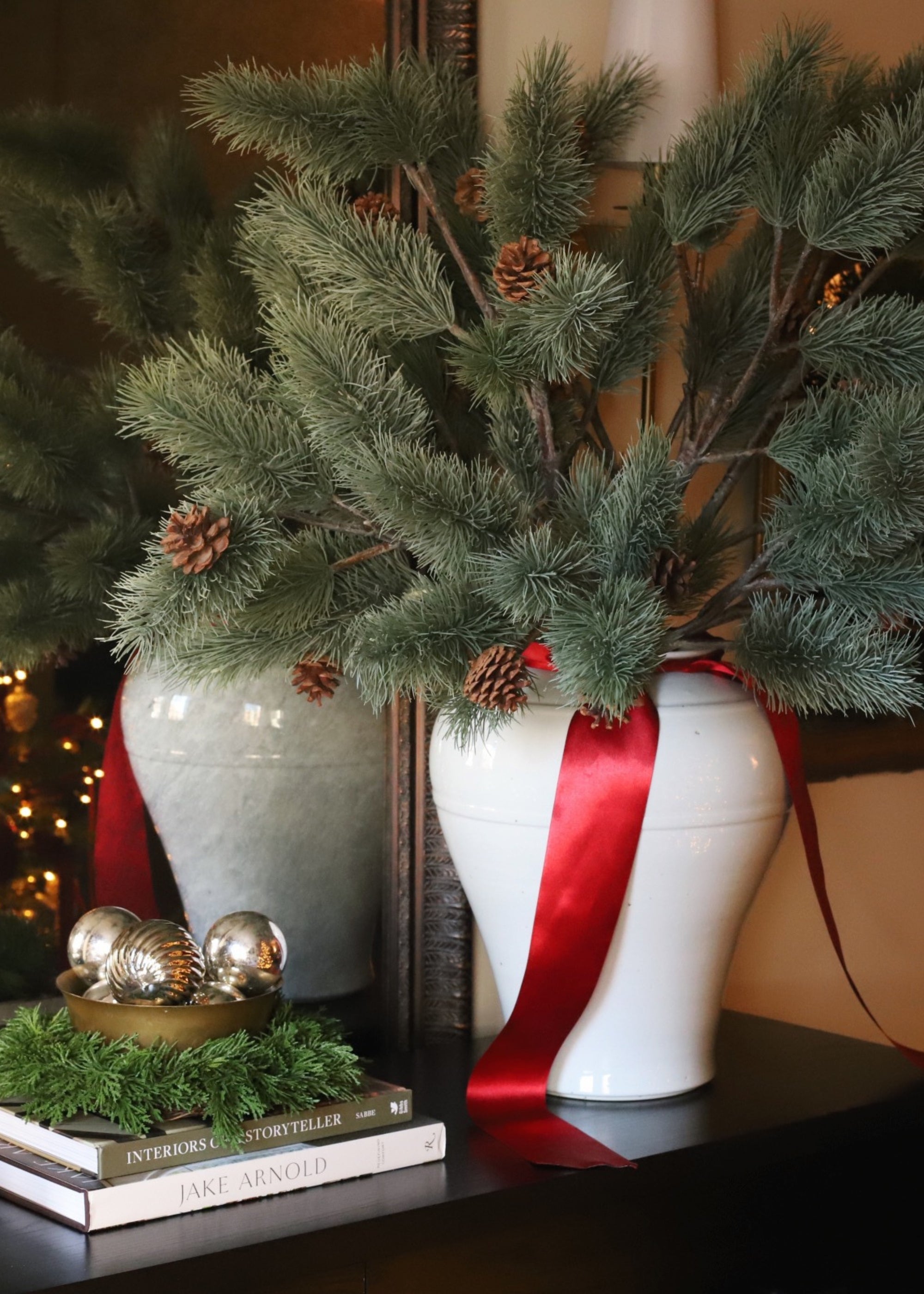 luxe faux blue spruce branches styled for the holidays
