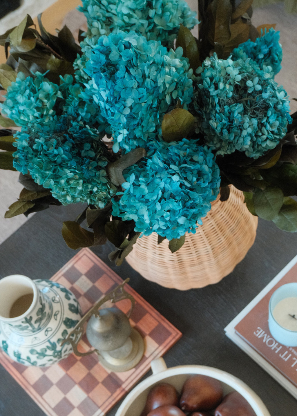 Blue Green Dried Hydrangeas and Salal Arrangement