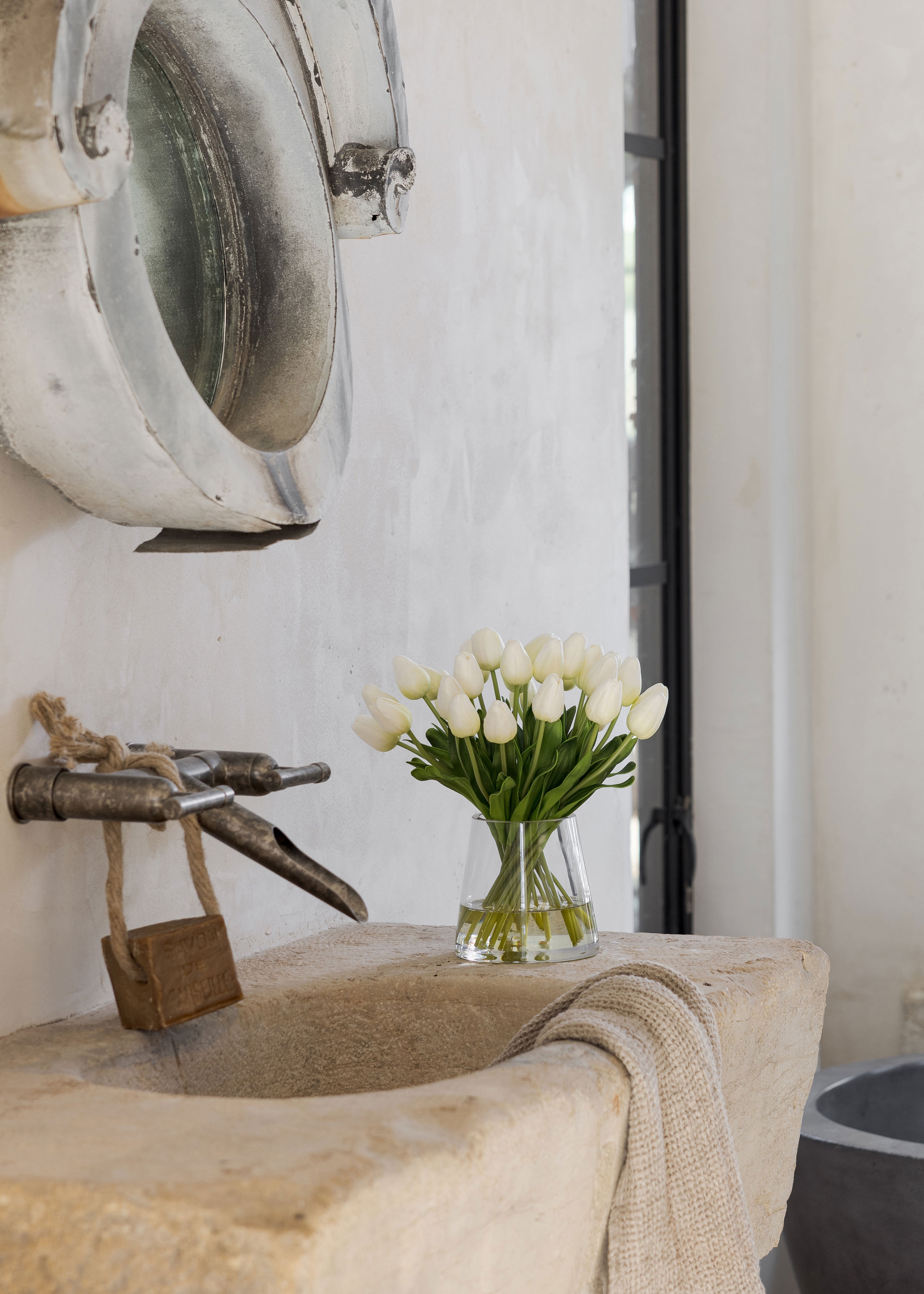 Video of Glass Vase Arrangement with Faux White Tulips