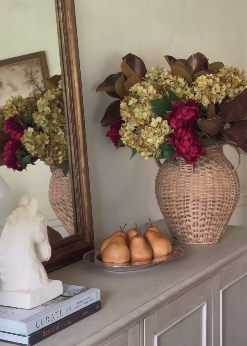 video of an autumn hydrangea, peony & magnolia flower arrangement